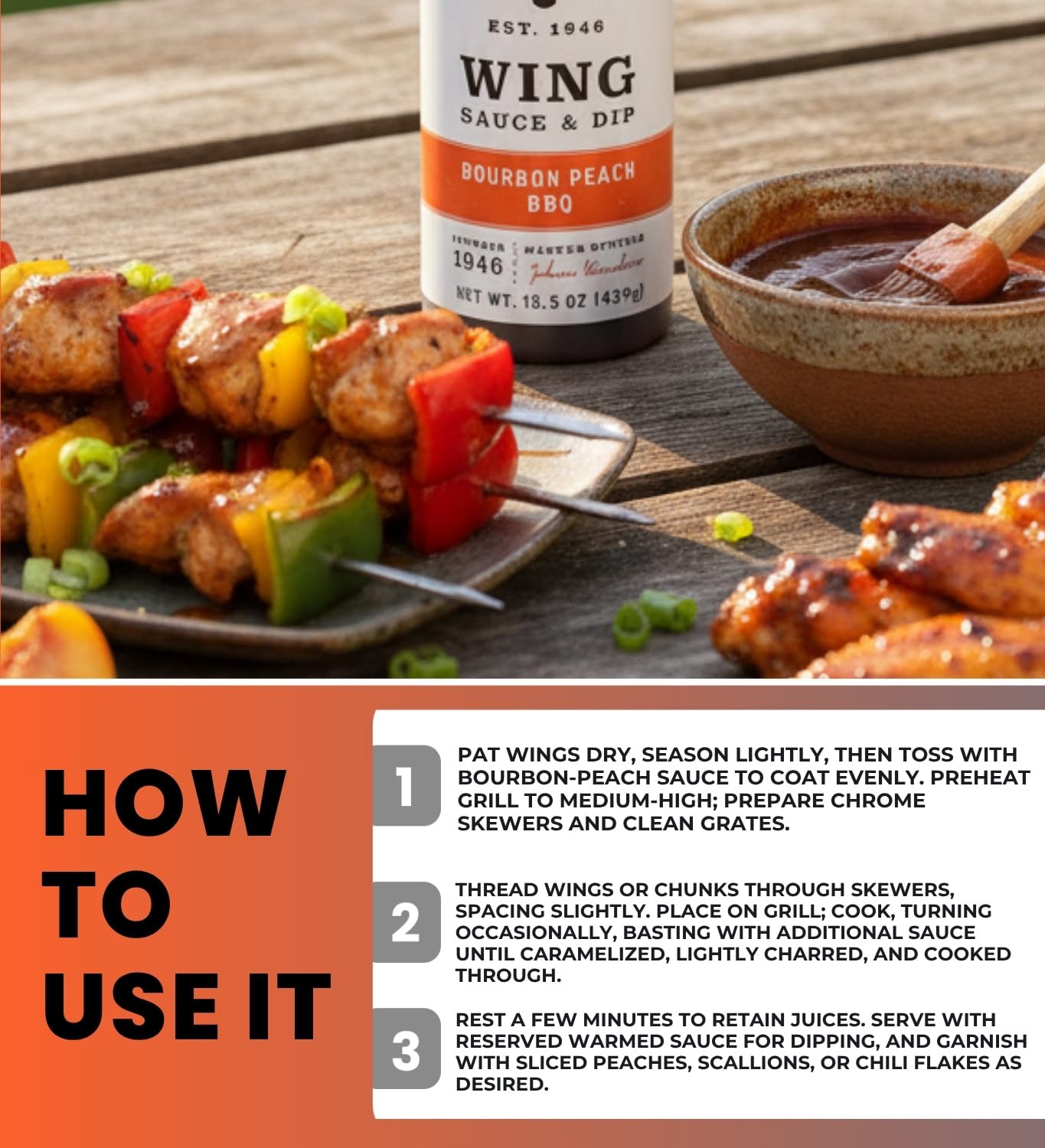 Bourbon Peach BBQ Wing Sauce 15.5 oz Bundle with Barbecue Skewers - Rib Glaze Sweet and Smoky Glaze for Grilling, Roasting, and Marinating - Gift Set