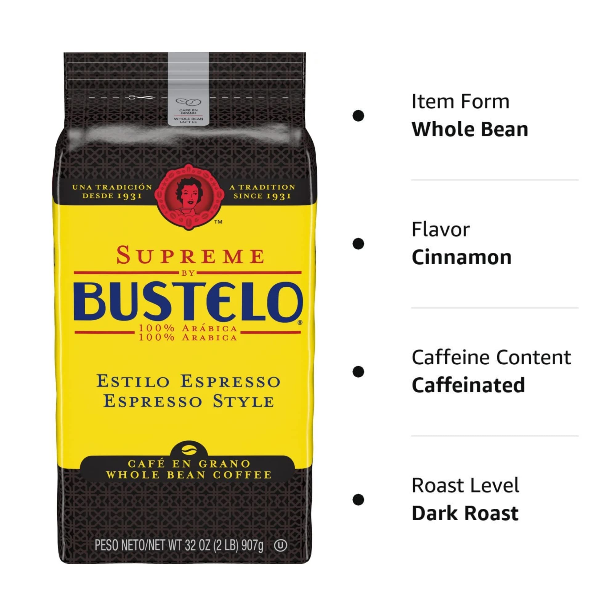 Supreme Bustelo Espresso Style Whole Bean Coffee, Dark Roast, 32 oz., Each (SMU01800)
