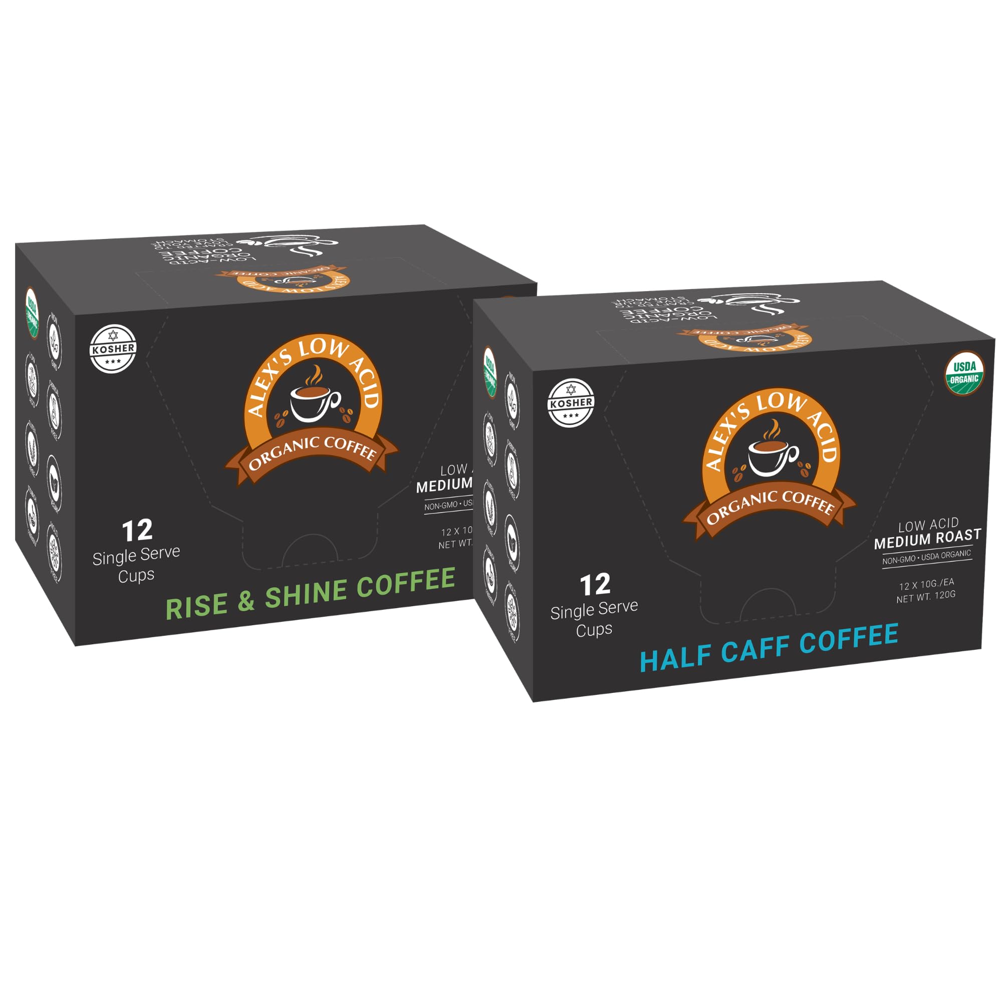 Alex's Low Acid Organic Coffee Breakfast + Lunch Single-Serve Pods Variety Pack