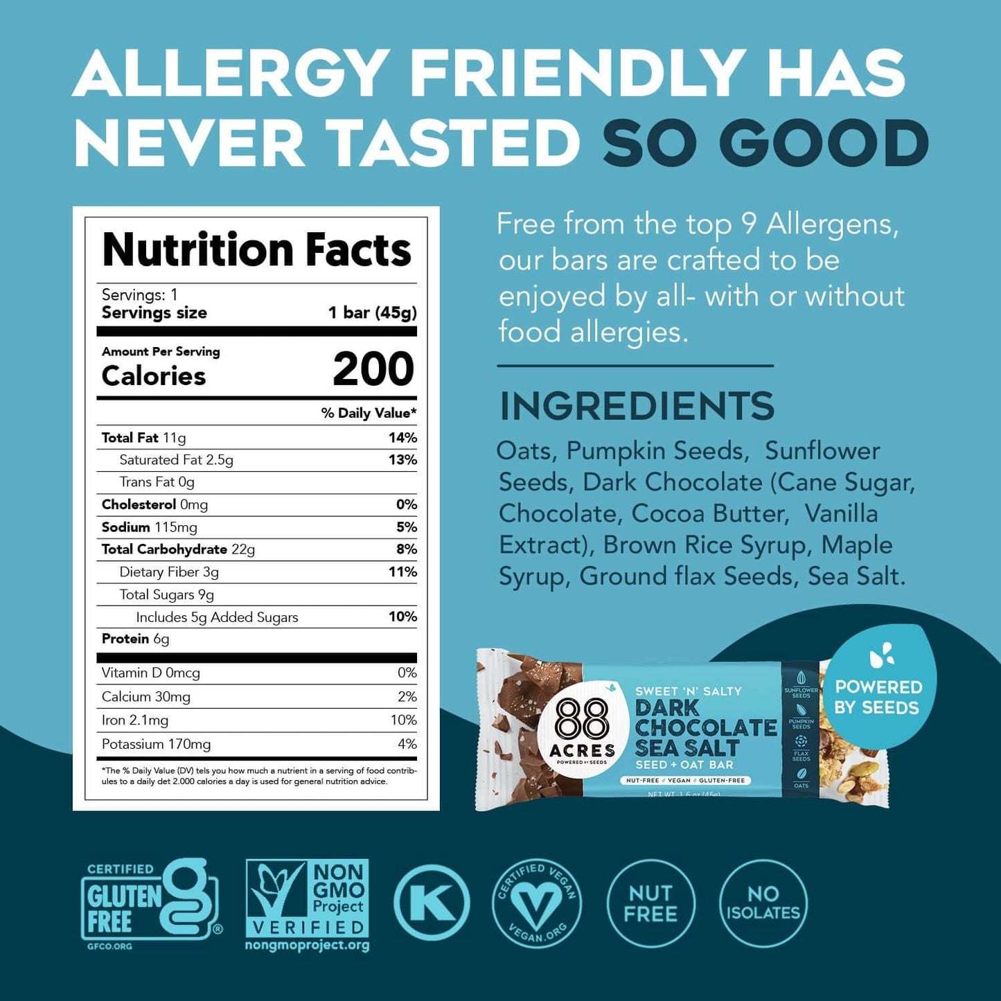 88 Acres Granola Bars, Dark Chocolate Sea Salt, 12 Count, School Safe, Allergen Free Seed & Oat Snack Bar, Gluten & Nut Free, Vegan, Non-GMO & Kosher