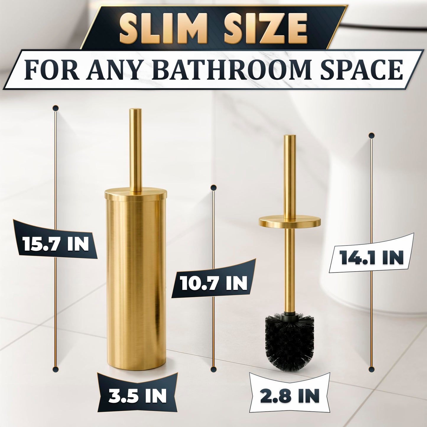 Gold Toilet Brush and Holder Set - Free-Standing Stainless Steel Gold Toilet Bowl Brush and Holder with Replaceable Head, Removable Inner Bowl