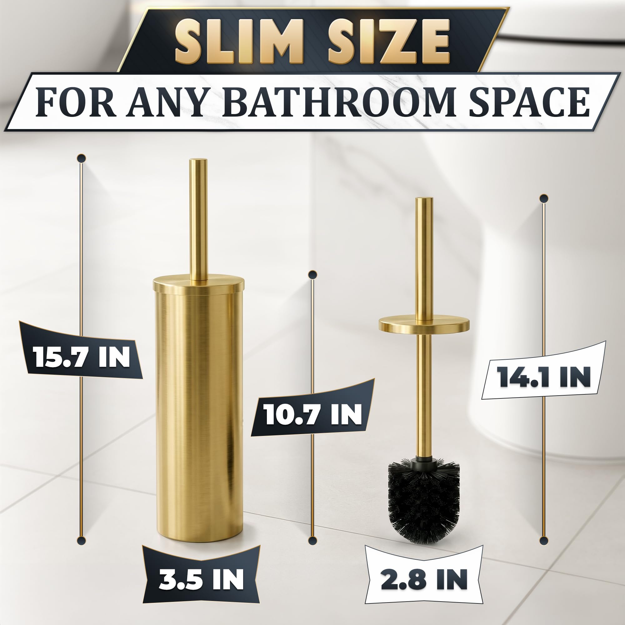 Gold Toilet Brush and Holder Set - Free-Standing Stainless Steel Gold Toilet Bowl Brush and Holder with Replaceable Head, Removable Inner Bowl