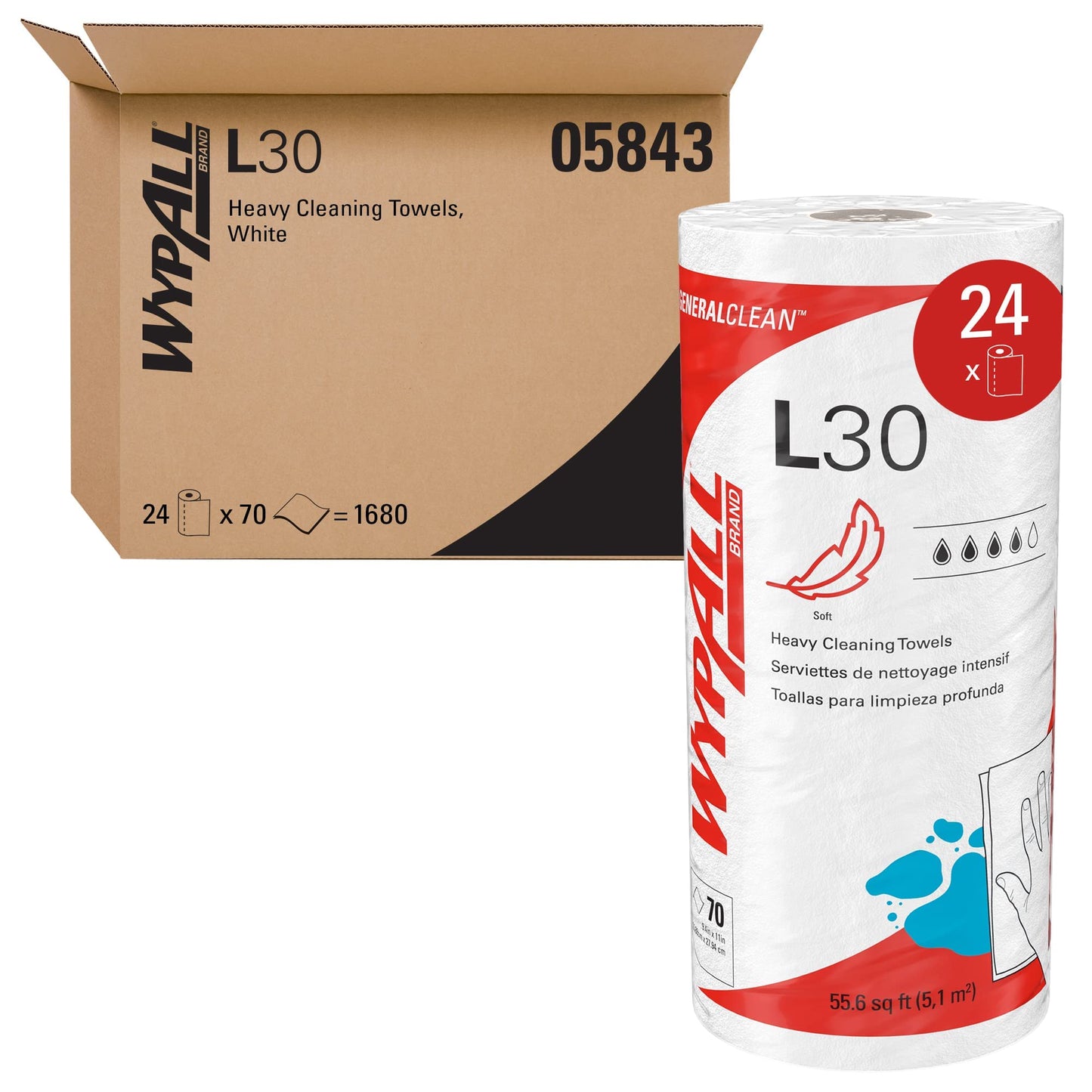 WypAll GeneralClean L30 Cloths Heavy Duty Cleaning Wipes (05843), Strong and Soft Bulk Paper Wipers, White (70 Sheets/Roll, 24 Rolls, 1,680 Sheet