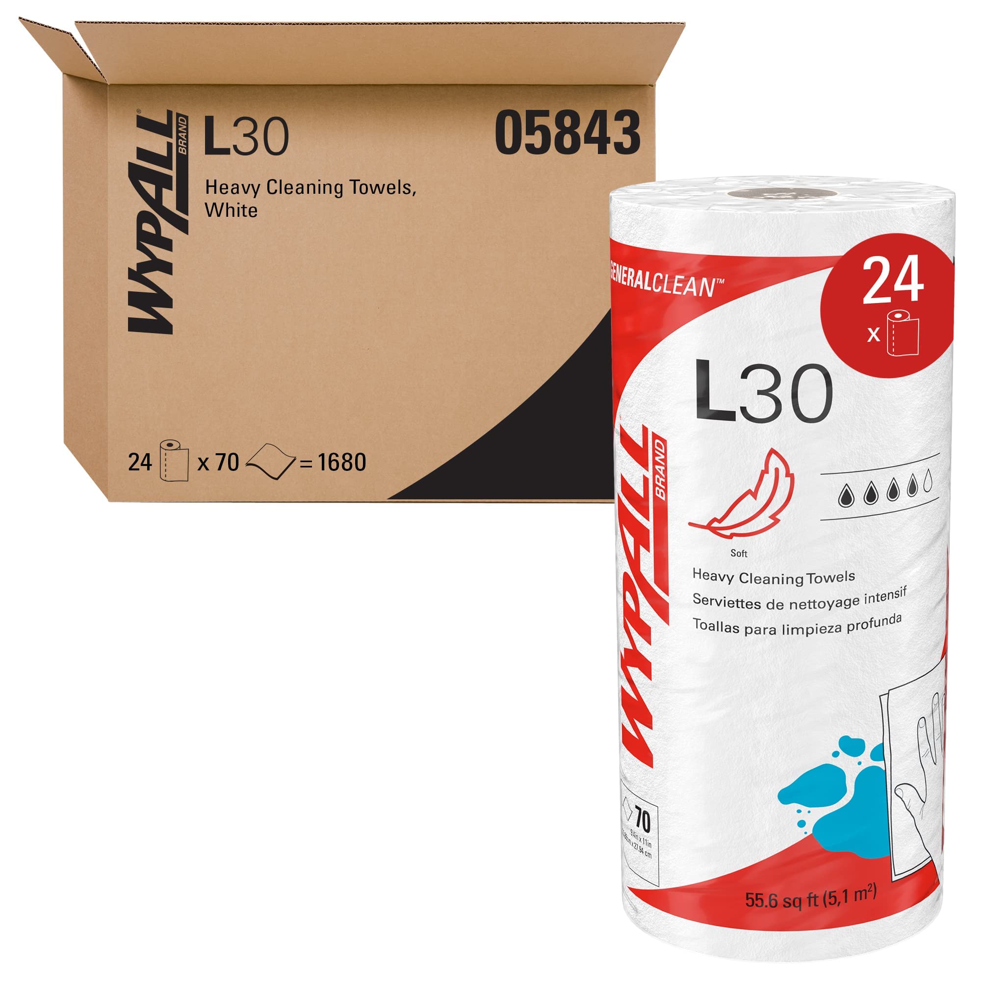 WypAll GeneralClean L30 Cloths Heavy Duty Cleaning Wipes (05843), Strong and Soft Bulk Paper Wipers, White (70 Sheets/Roll, 24 Rolls, 1,680 Sheet