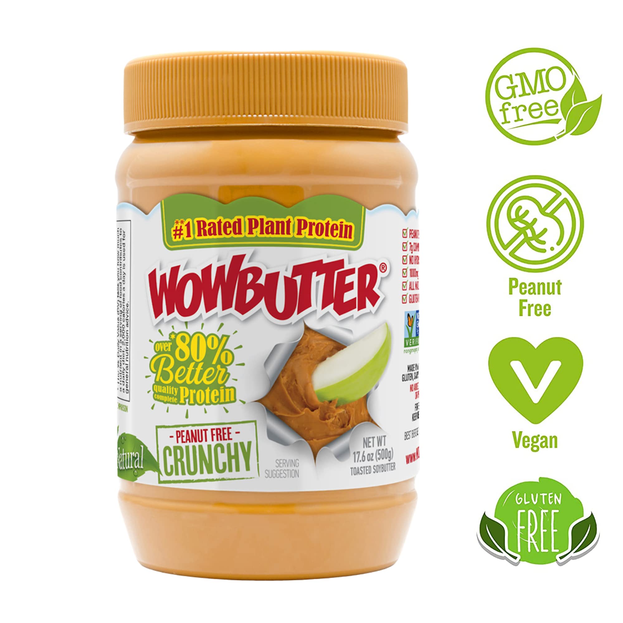 WOWBUTTER - Crunchy Soy Spread - Peanut Free, Tree Nut Free - Vegan Plant Protein - Gluten Free - Non-GMO - 1.1lb (Pack of 6)
