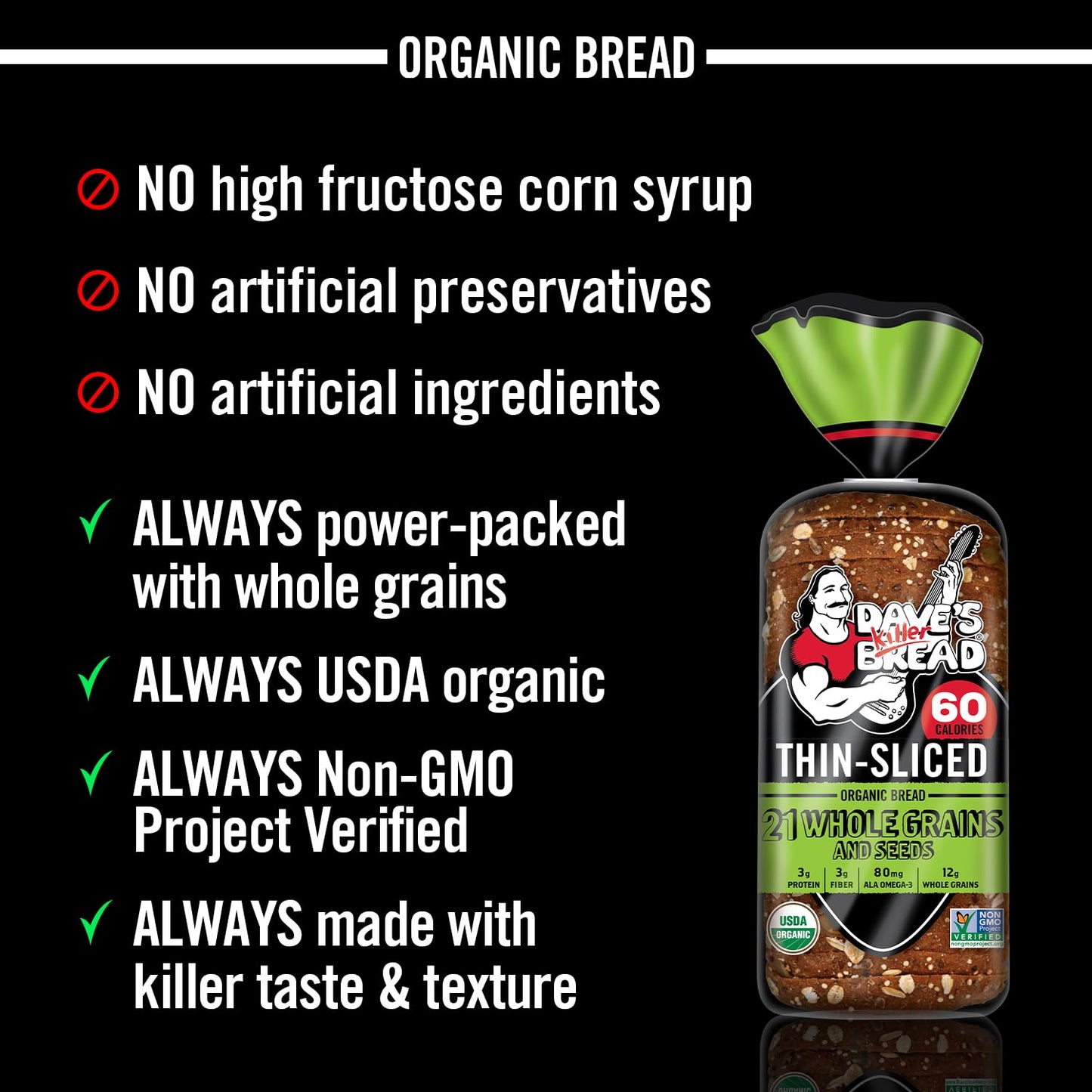 Dave's Killer Bread 21 Whole Grains & Seeds Thin-Sliced, Whole Grain Organic Bread, 20.5 oz Loaf