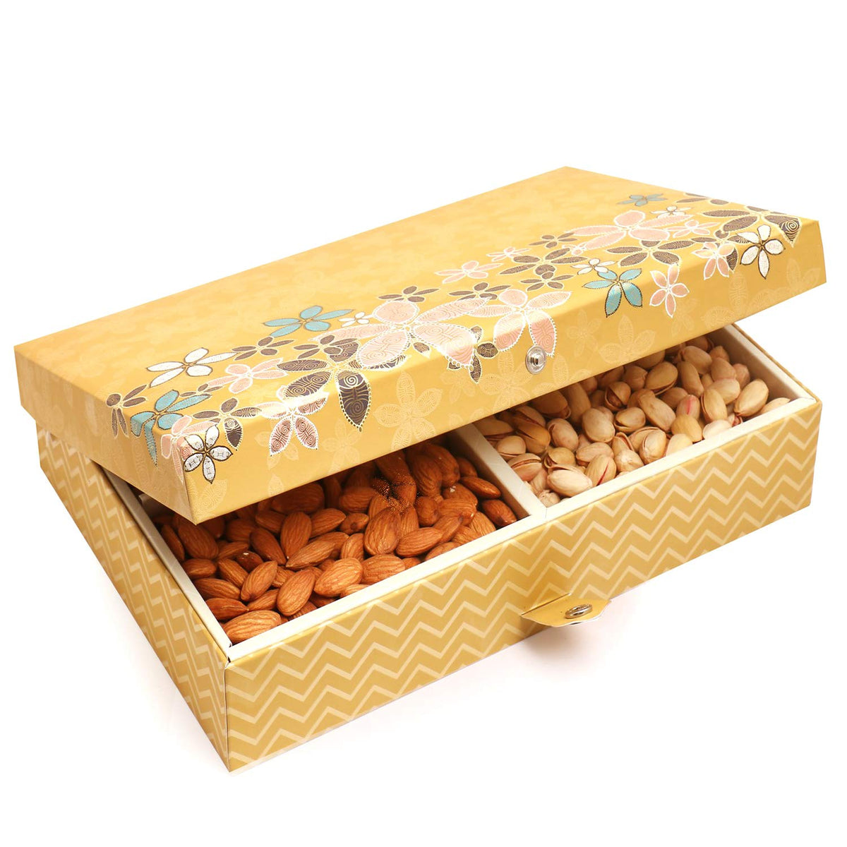 Ghasitaram Gifts Diwali Gifts Diwali Dryfruit - Gold 4 Print Hamper Box with Almonds, Pistachios, Namkeen and Nutties 600 GMS