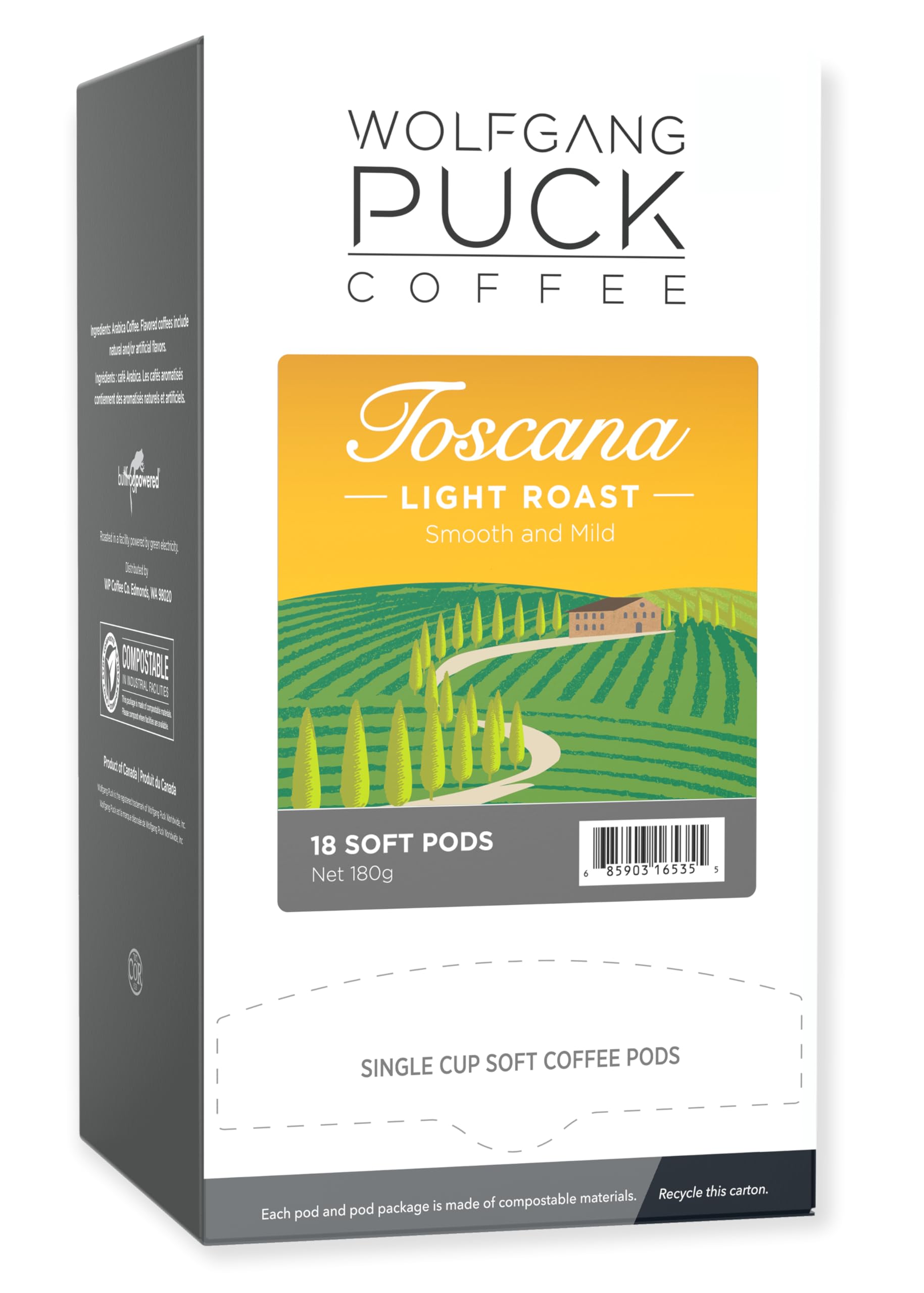 Wolfgang Puck Coffee Toscana, 9.5 Gram soft Pods, 18 Count (Pack of 3)