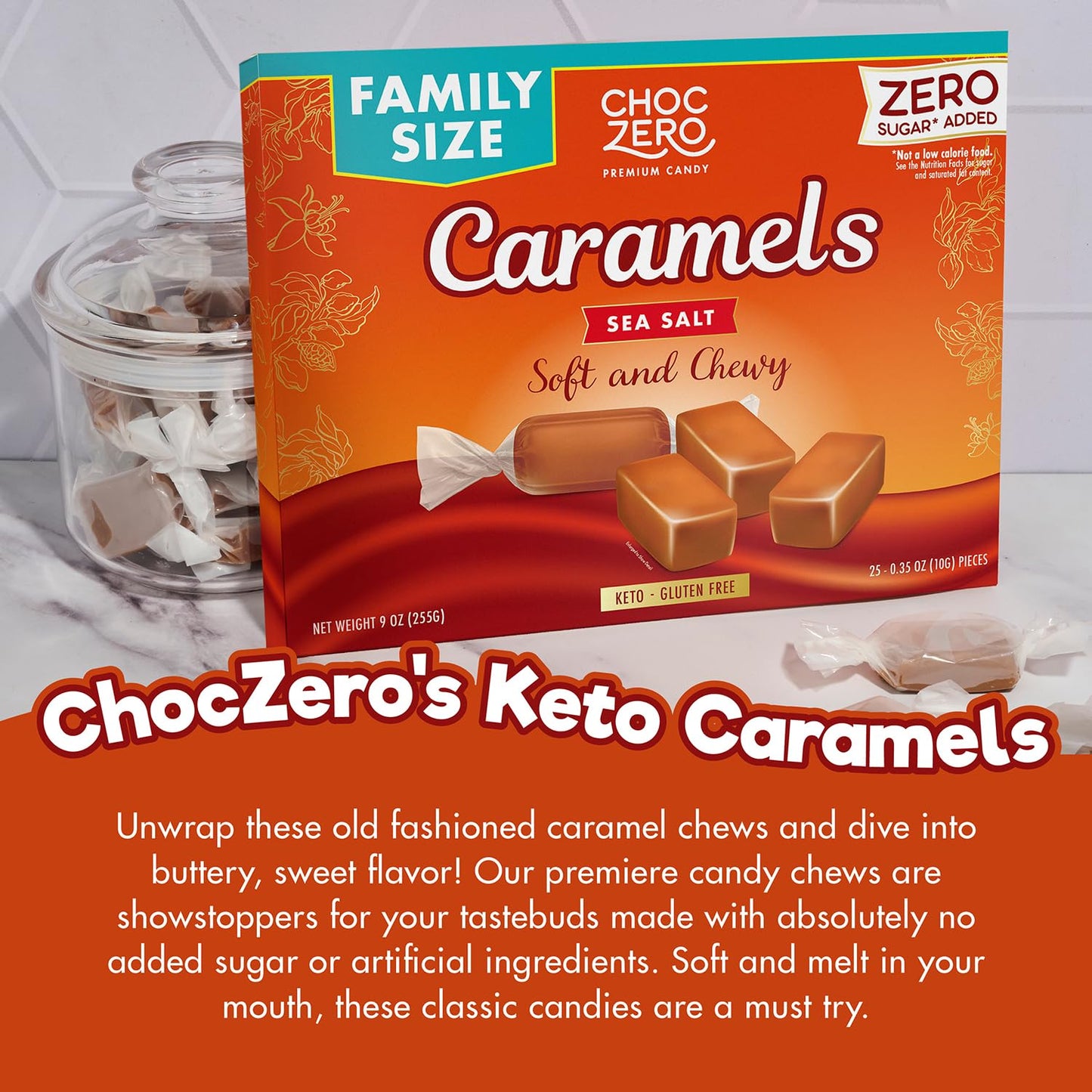 ChocZero Sugar Free Caramels - Keto Caramel Candy - All Natural, Classic Candies - Low Carb Snack (9oz Box)