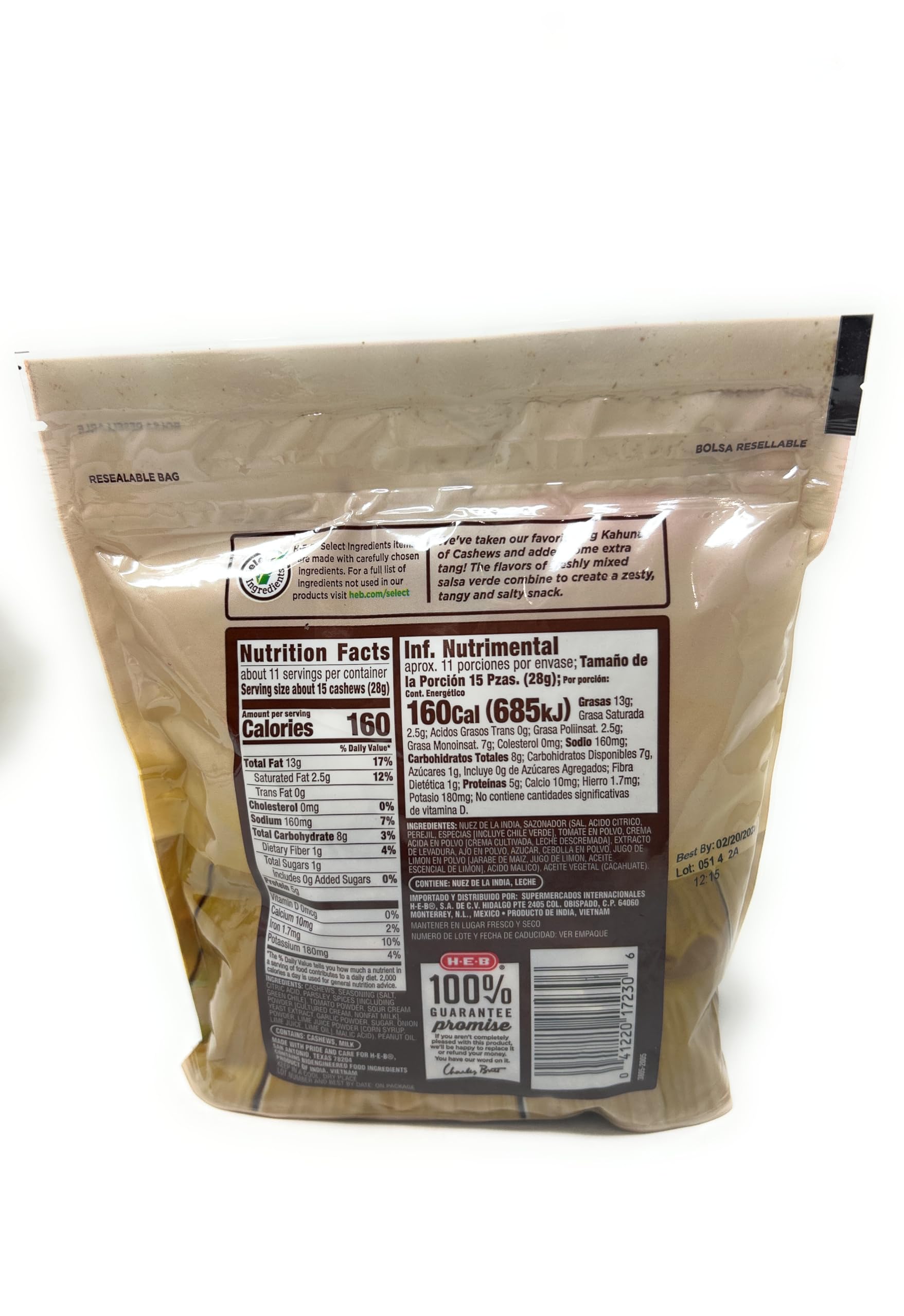 HEB H?E?B Cashew Grande Roasted Whole Cashews Salsa Verde 11oz - 1 bag