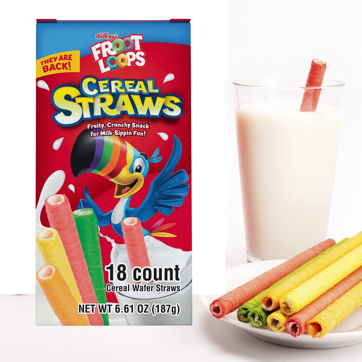2025 Kellogg's Cereal Straws Froot Loops Edible Breakfast Straw Alternatives for Milk, 90's Childhood Nostalgic Treat for Drinking and Eating, Cereals