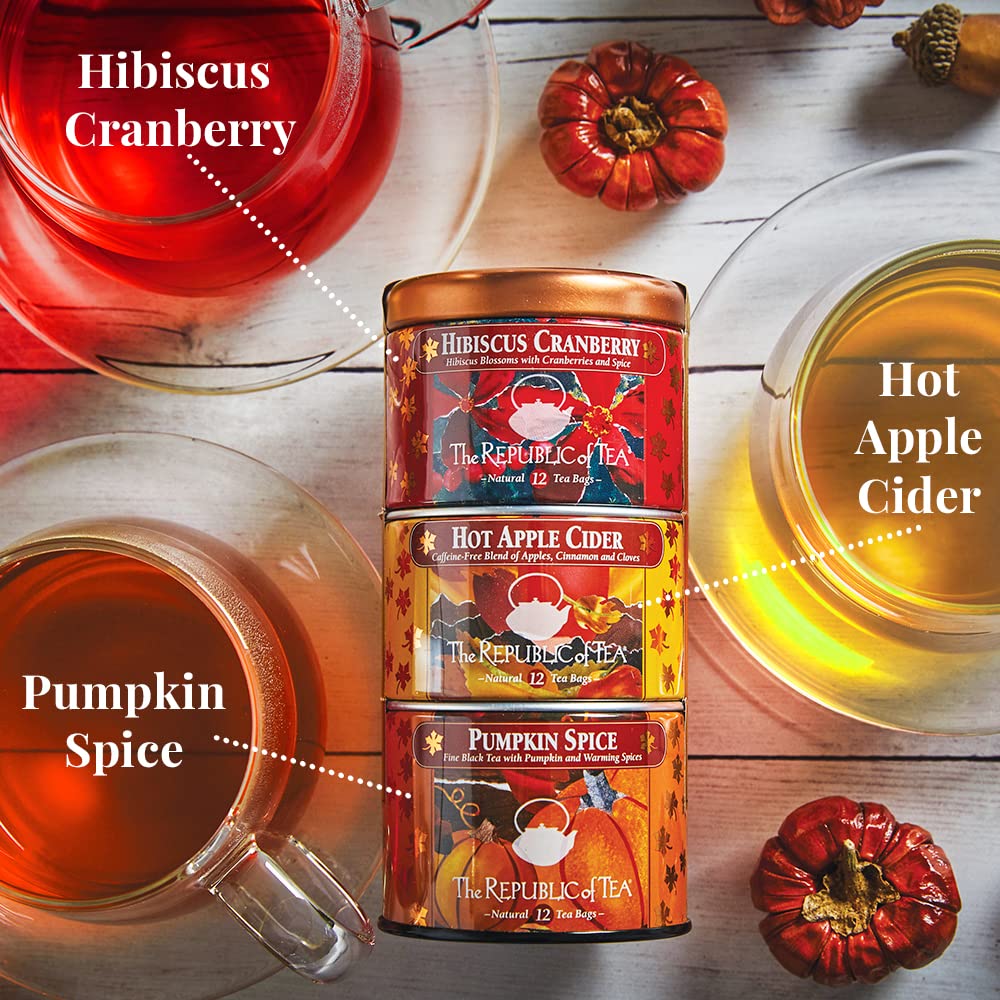 The Republic of Tea - Harvest Stackable Tea Tin, 36 Tea Bags, Hibiscus Cranberry Herb, Hot Apple Cider Herb, and Pumpkin Spice Black, Gluten Free