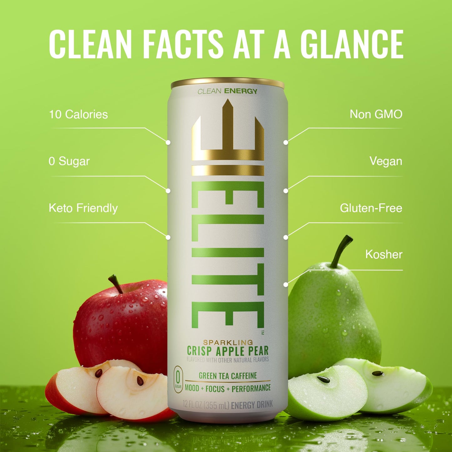 ELITE Energy - Energy Drink Sugar Free - Clean Green Tea Caffeine with L-Theanine - Zero Sugar, 10 Calories, Naturally Sweetened Functional Energy