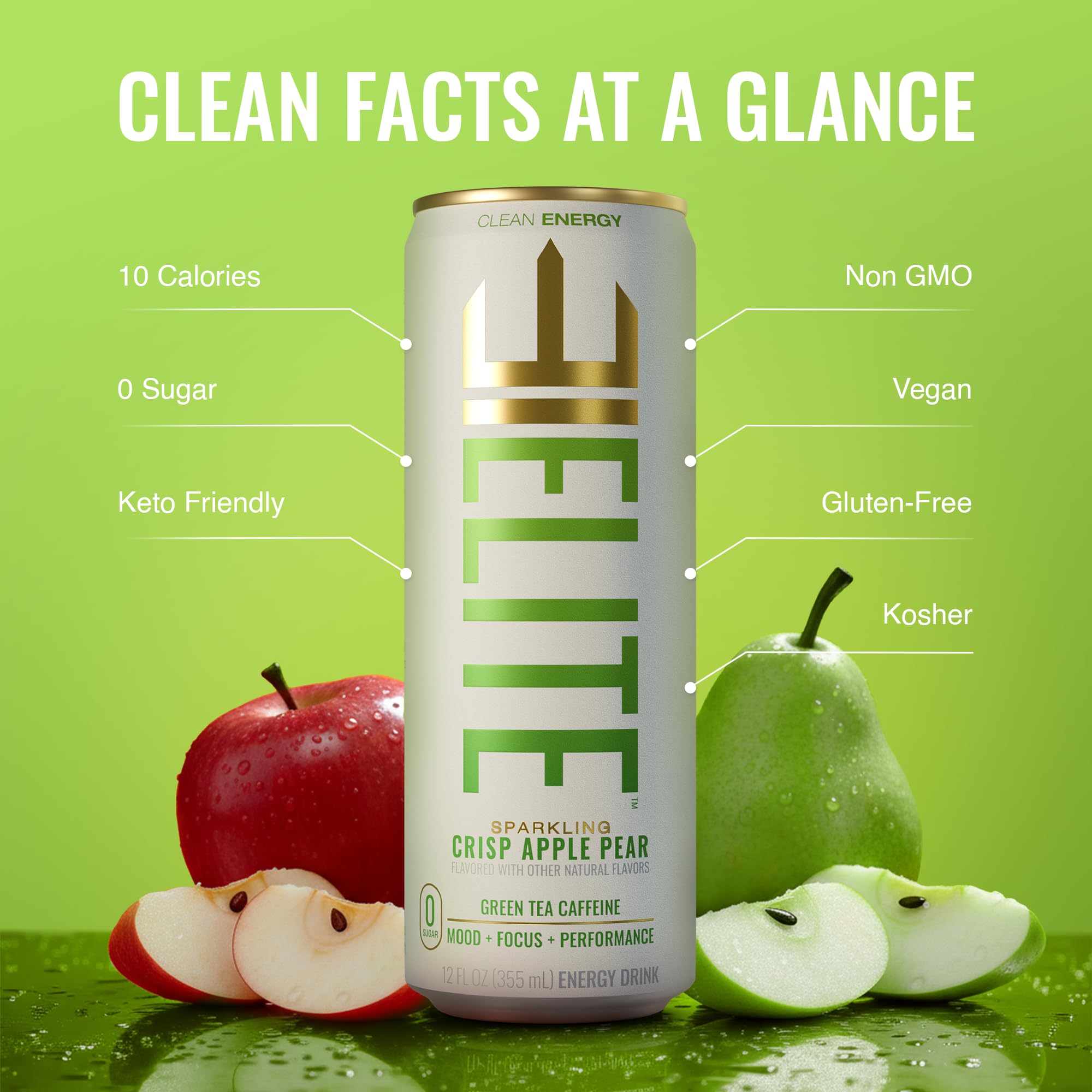ELITE Energy - Energy Drink Sugar Free - Clean Green Tea Caffeine with L-Theanine - Zero Sugar, 10 Calories, Naturally Sweetened Functional Energy
