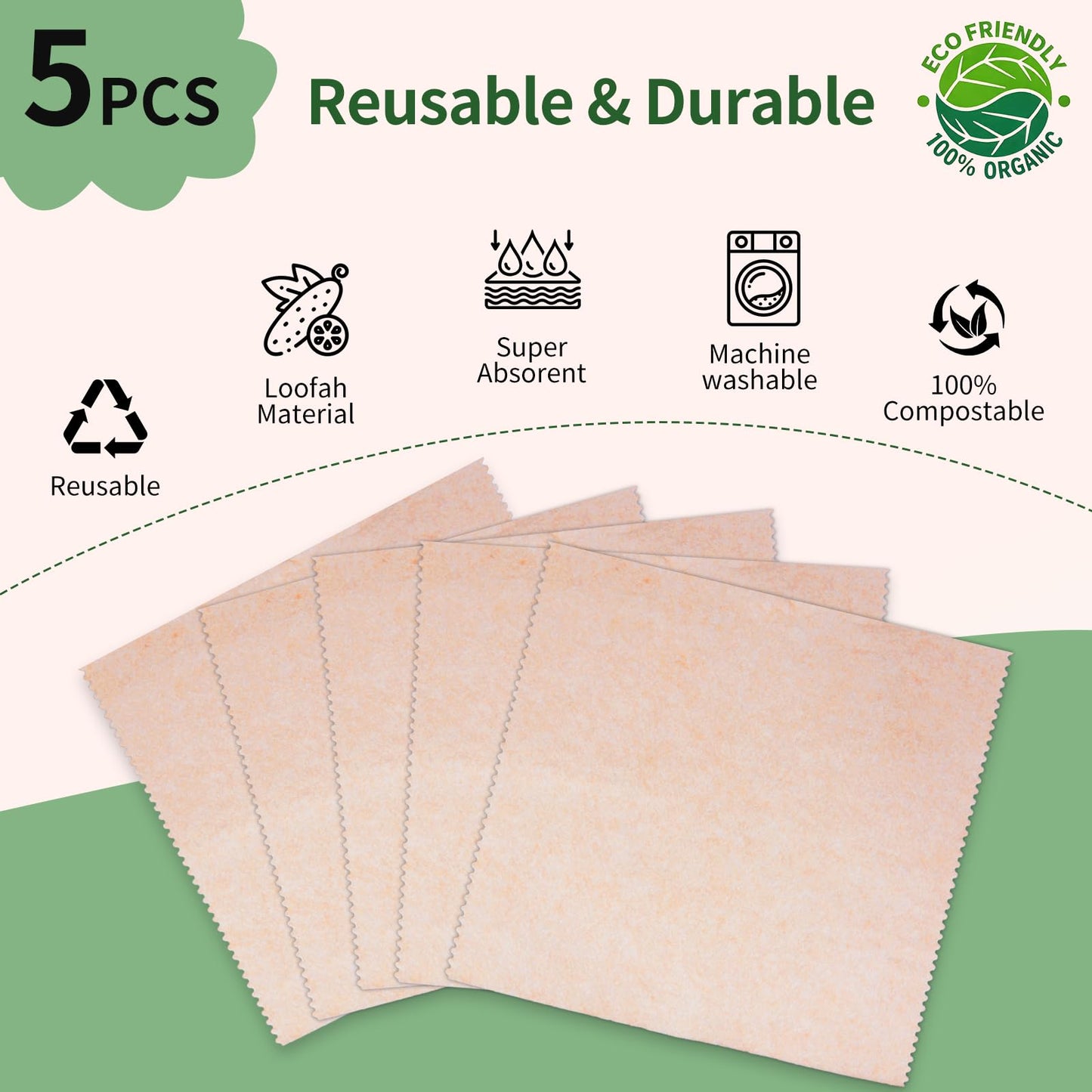 LNTPIP 5 Pack Swedish Dishcloths for Kitchen, 100% Compostable Loofah & Plant Fiber Swedish Dish Cloths, Reusable Paper Towels, Super Absorbent