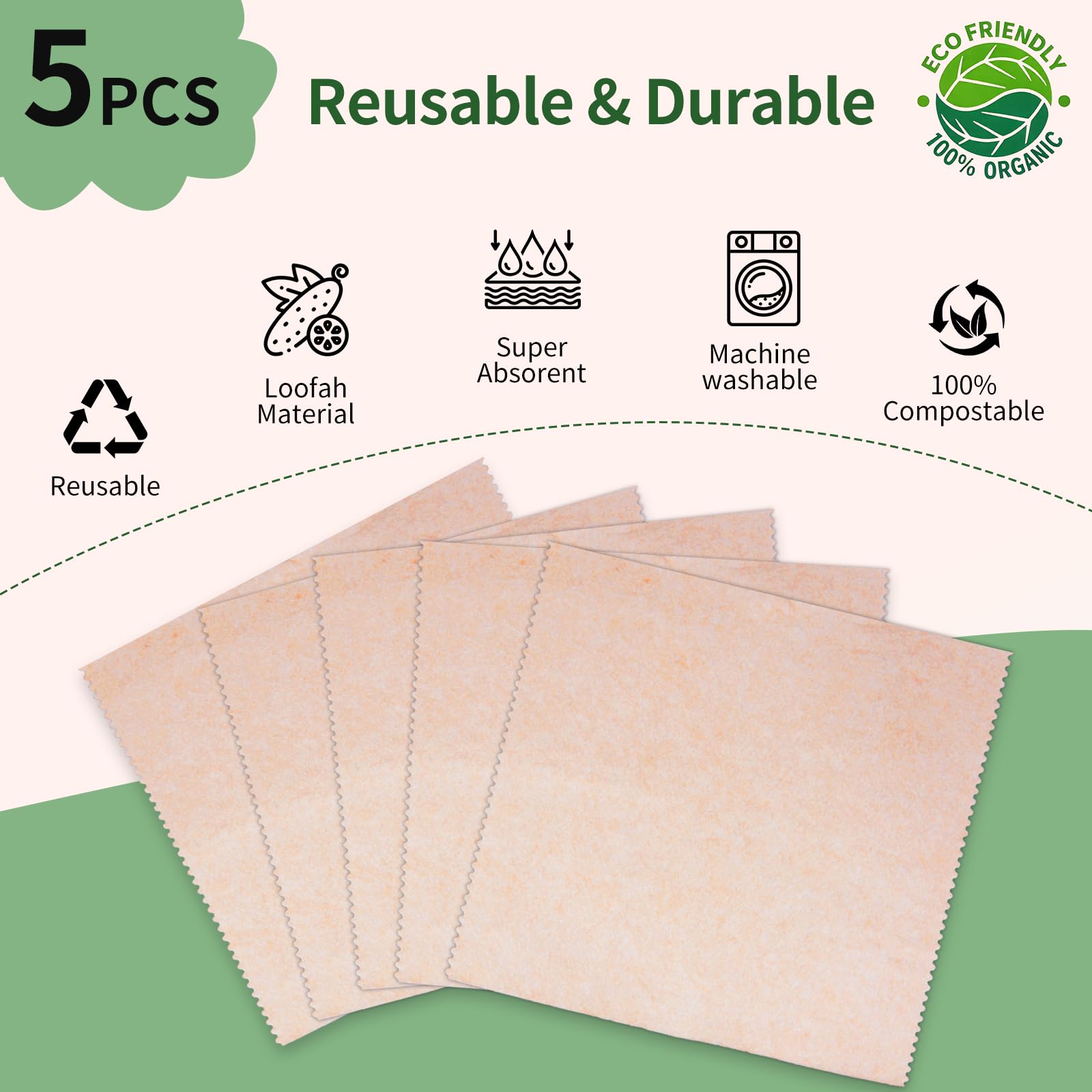 LNTPIP 5 Pack Swedish Dishcloths for Kitchen, 100% Compostable Loofah & Plant Fiber Swedish Dish Cloths, Reusable Paper Towels, Super Absorbent