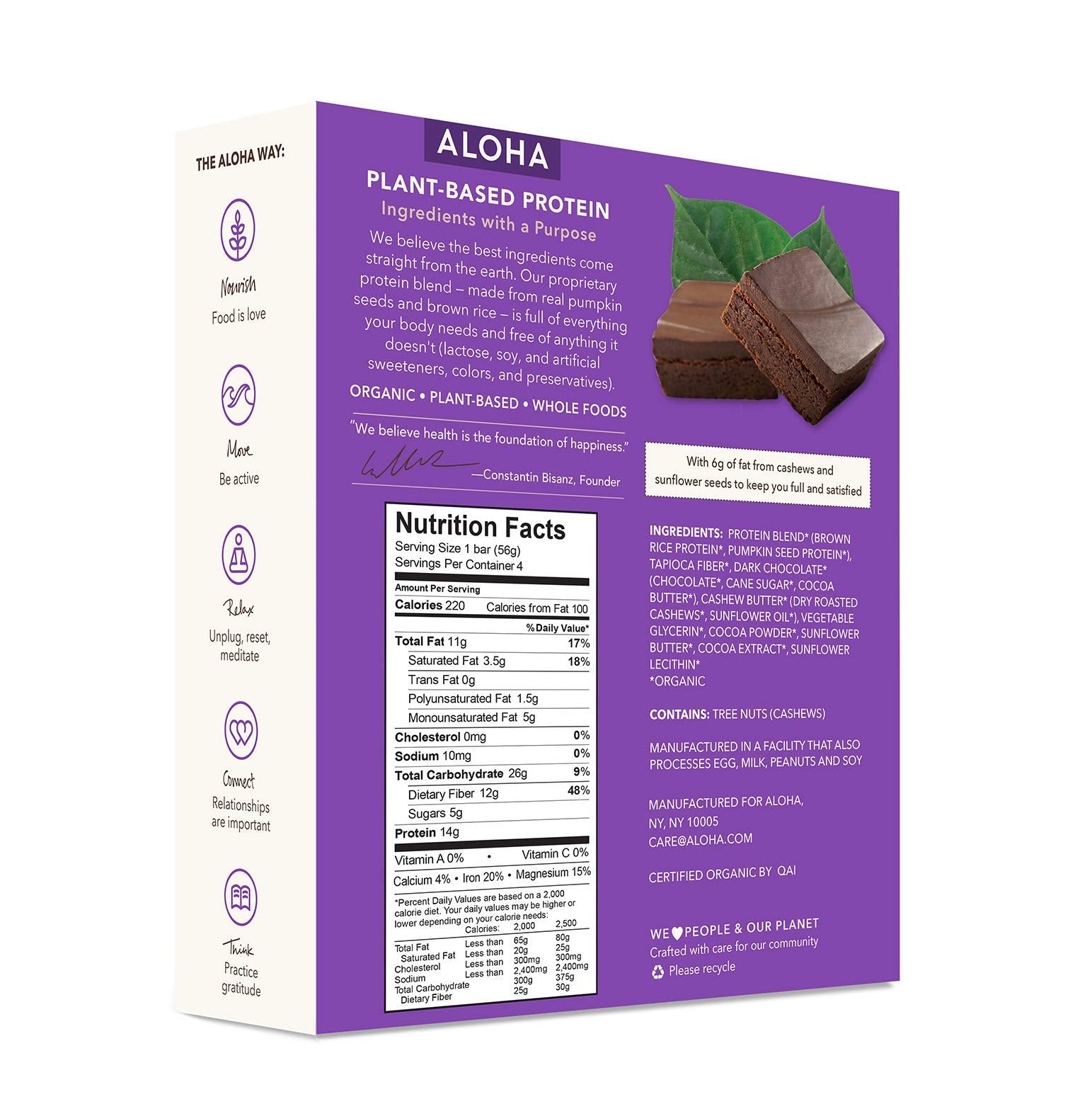 ALOHA Organic Plant Based Protein Bars 4-Pack - Chocolate Fudge Brownie - 1.98oz Bars - Vegan, Low Sugar, Gluten-Free, Paleo, Low Carb, Non-GMO