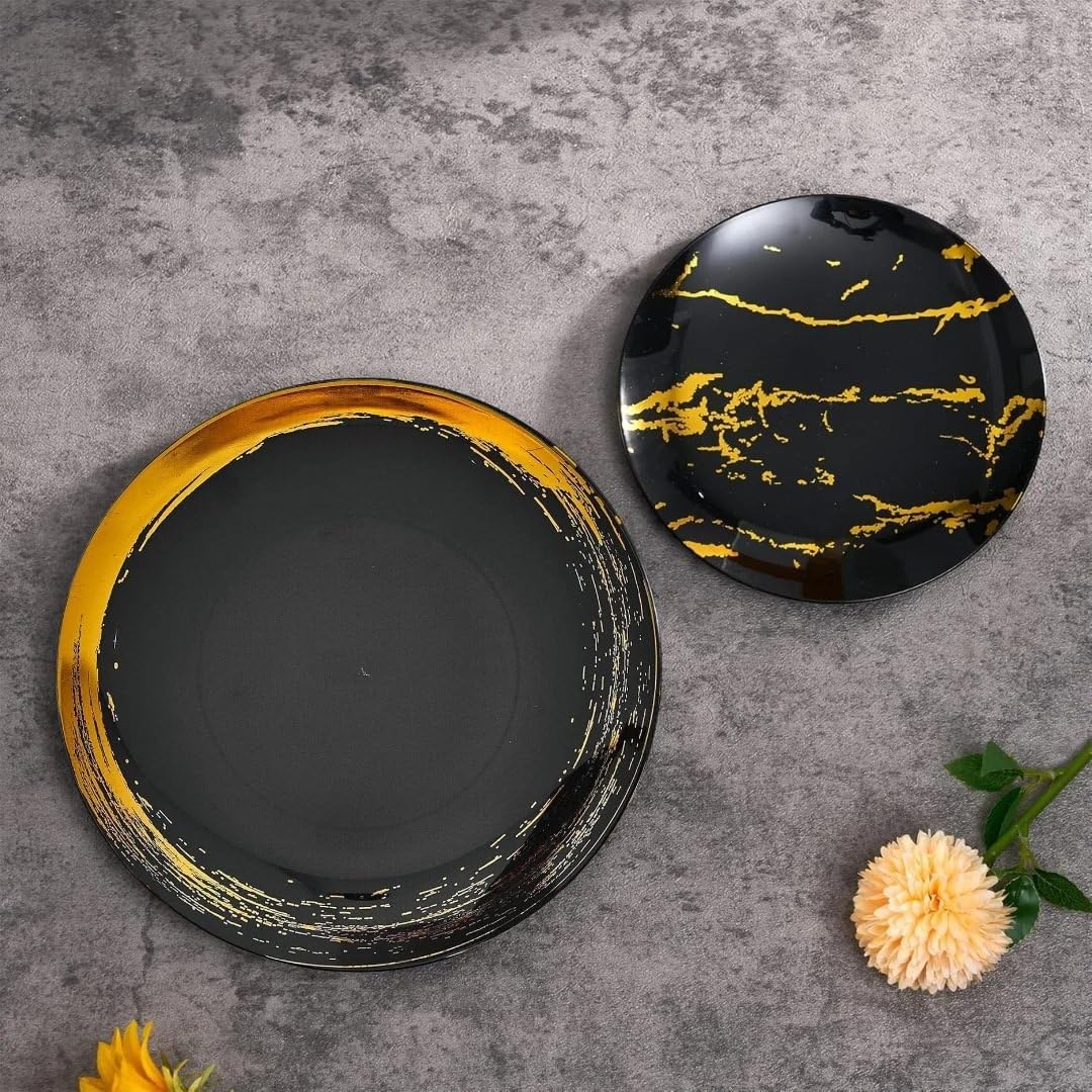 Silver Spoons ROYALTY DINNERWARE PLATES | Gold Rimmed Plastic Plates | Brushed Collection, Dinner Plates, Black