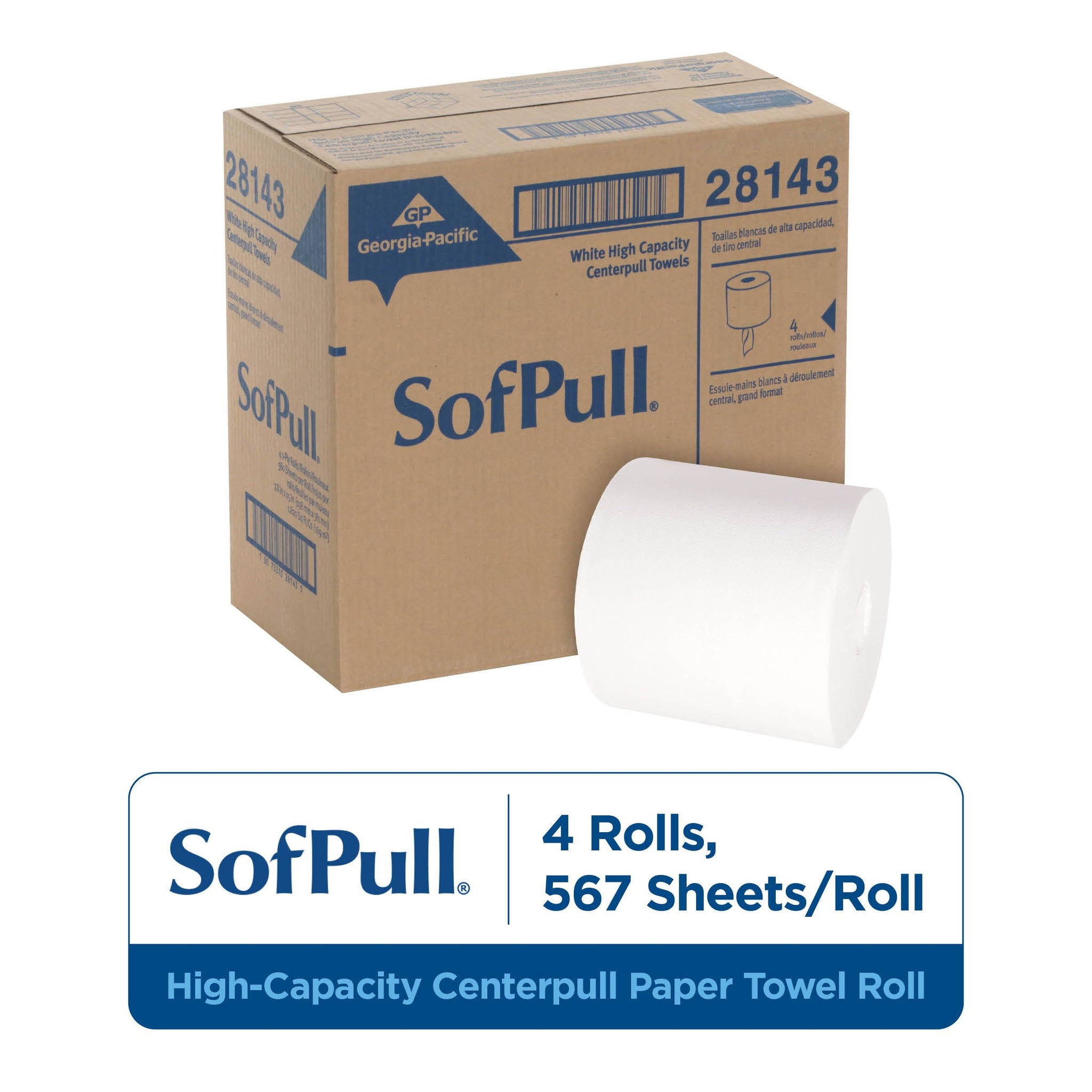 Georgia-Pacific SOFPULL CENTERPULL HIGH-CAPACITY PAPER TOWELS BY GP PRO (GEORGIA-PACIFIC), 28143, WHITE, 4 ROLLS PER CASE, 567 TOWELS PER ROLL