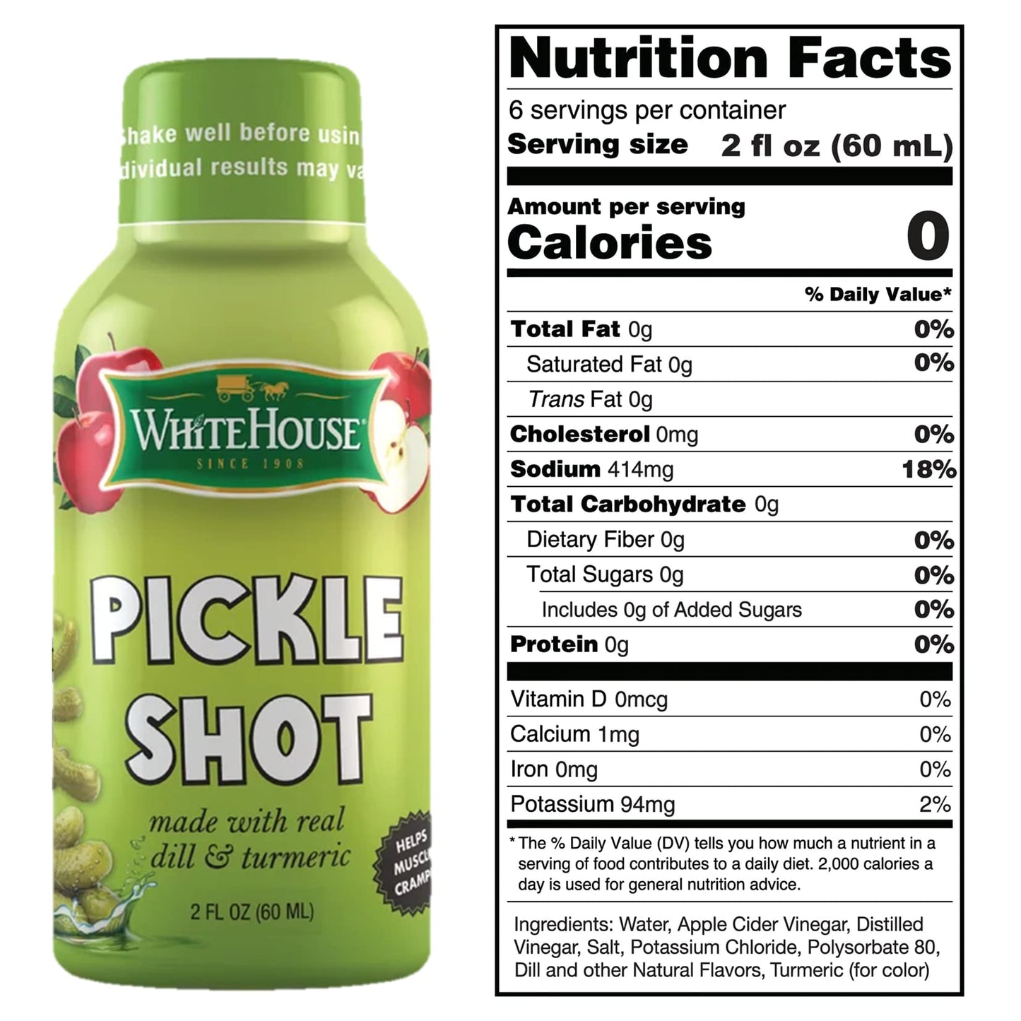 White House Pickle Shots, With Real Dill and Turmeric, Juice Hydrates and Helps Stop Muscle Cramps, On the Go (2 Fl Oz (Pack of 6), Dill Pickle)