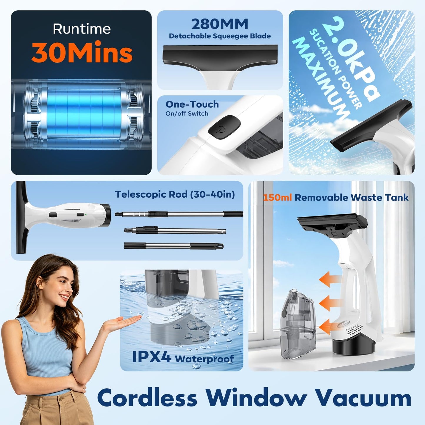 BirdSuite Cordless Window Vacuum Squeegee with Extension Pole, Electric Window Cleaner with Water Collection Tank, Portable Cleaning Kit for Glass