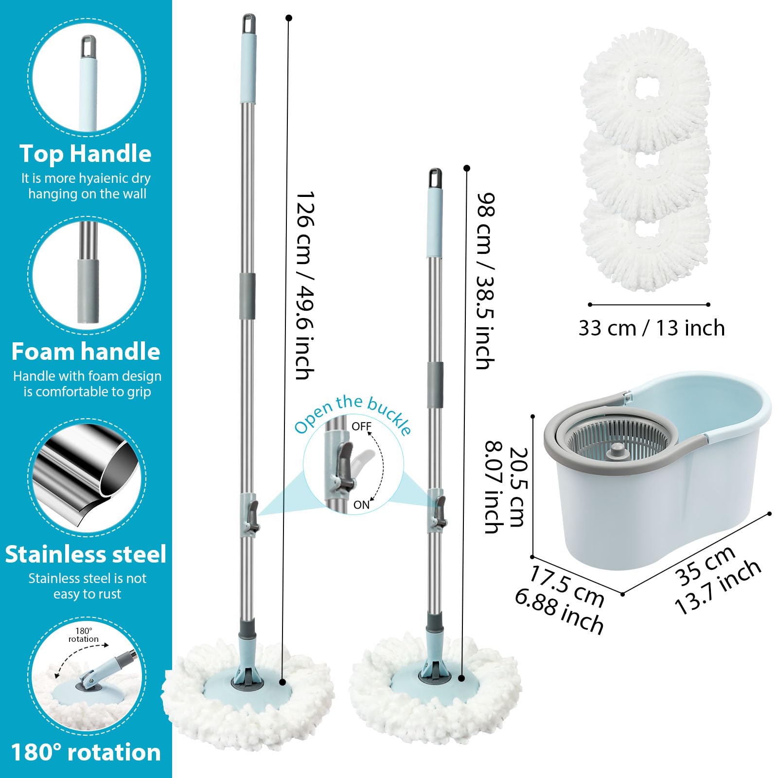 Spin Mop and Bucket with Wringer Set, 360° Spinning Mop Bucket System with 3 Microfiber Mop Replacement Heads and 50" Stainless Steel Adjustable