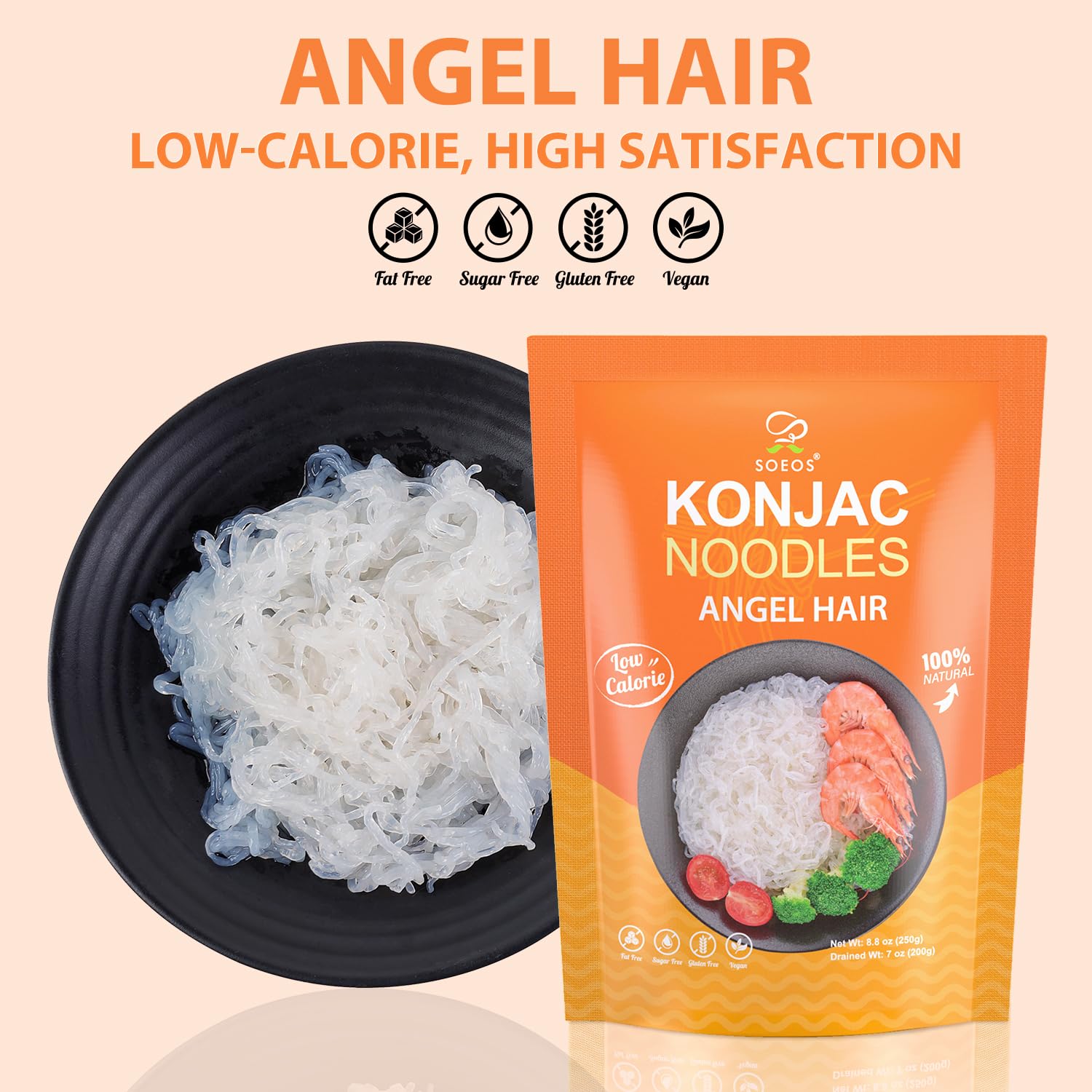 Soeos Konjac Noodles, Angel Hair Pasta, 8.8 oz (250g)*6 Pack, Low Calorie, Low Carb, Keto and Paleo Friendly Shirataki Noodle, Gluten-Free, Fat Free