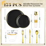 cheerserve 175pcs Plastic Dinnerware Set,Black and Gold Plastic Plates for 25 Guests Include 50 Elegant Plastic Plates,75 Plastic Silverware Set,25