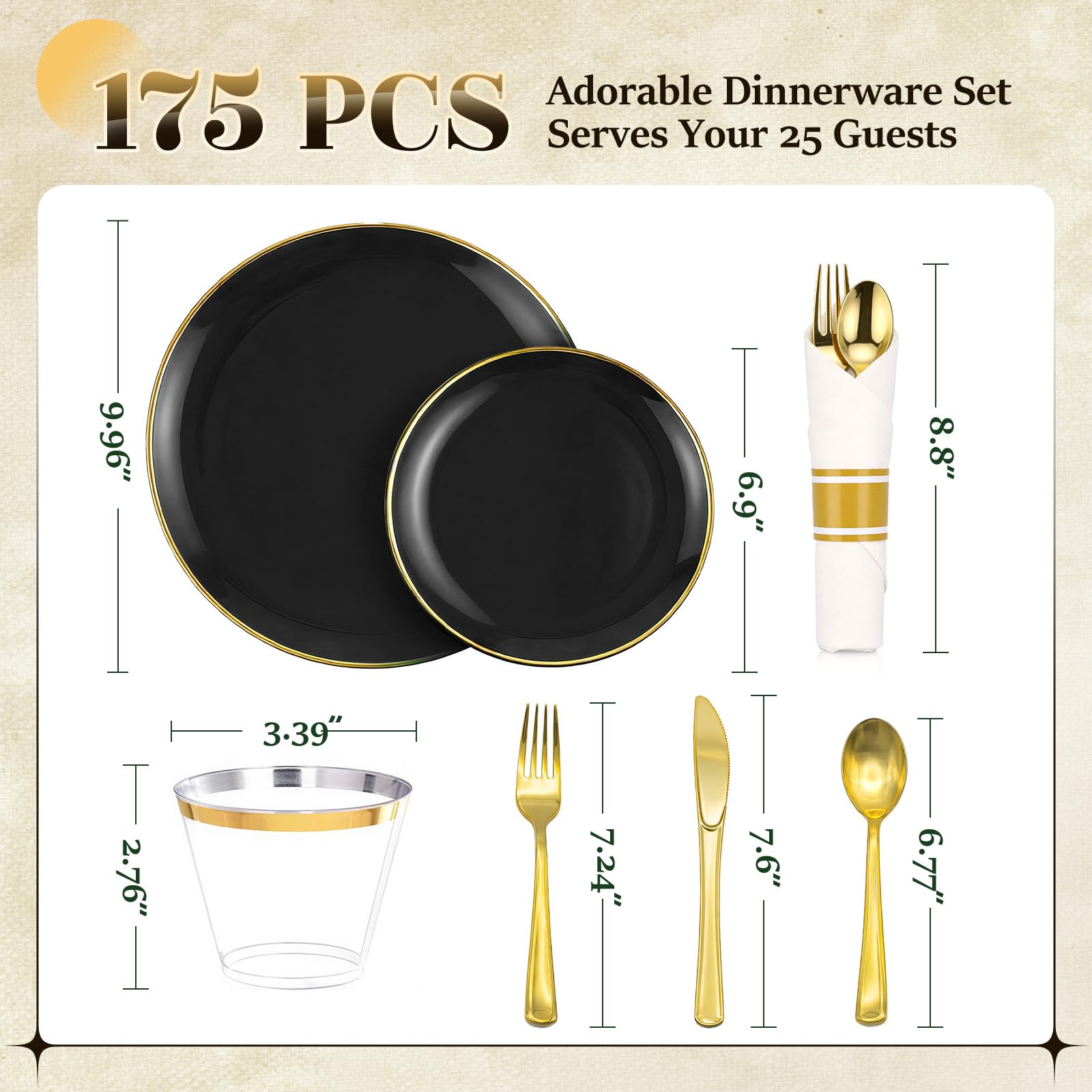 cheerserve 175pcs Plastic Dinnerware Set,Black and Gold Plastic Plates for 25 Guests Include 50 Elegant Plastic Plates,75 Plastic Silverware Set,25