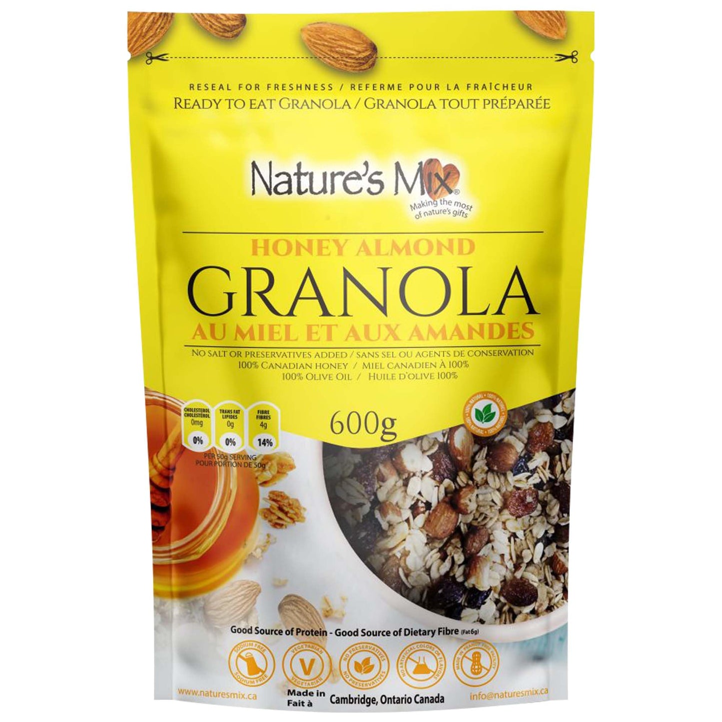 Nature's Mix - Honey Almond Granola - Almonds, Raisins, Dried Currants - Sweetened with Canadian Honey - No Sugar, Salt, or Preservatives - Large
