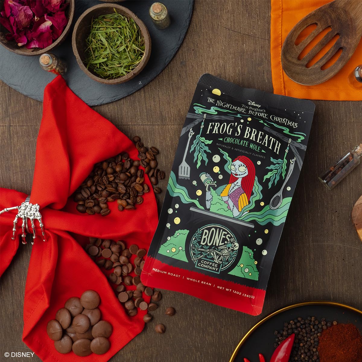Bones Coffee Company The Nightmare Before Christmas Frog's Breath Flavored Coffee Beans, Whole Bean Coffee Medium Roast Low Acid, Chocolate Mole