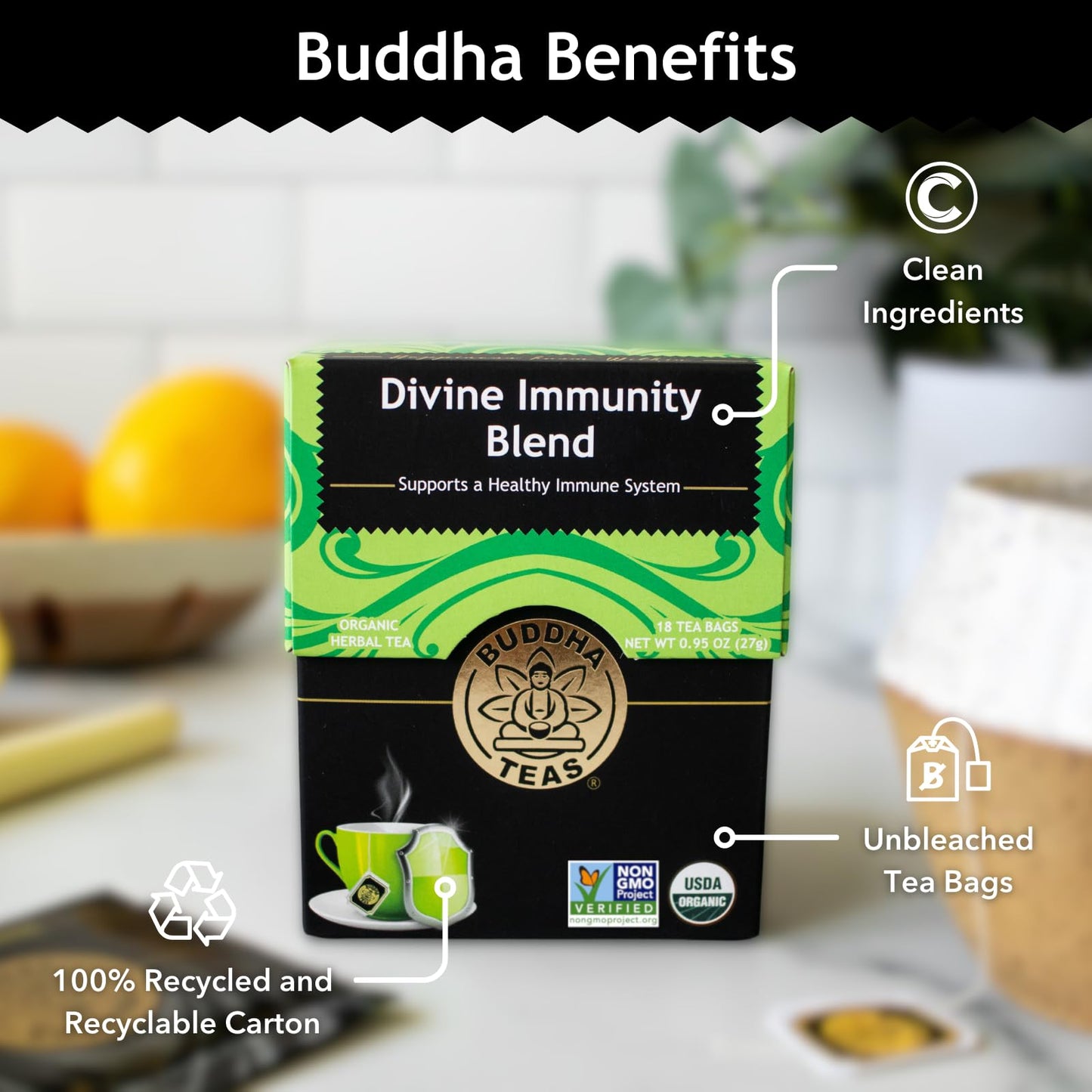 Buddha Teas - Organic Divine Immunity Blend - Herbal Tea - For Health & Wellbeing - With Antioxidants & Minerals - Clean Ingredients - Caffeine Free