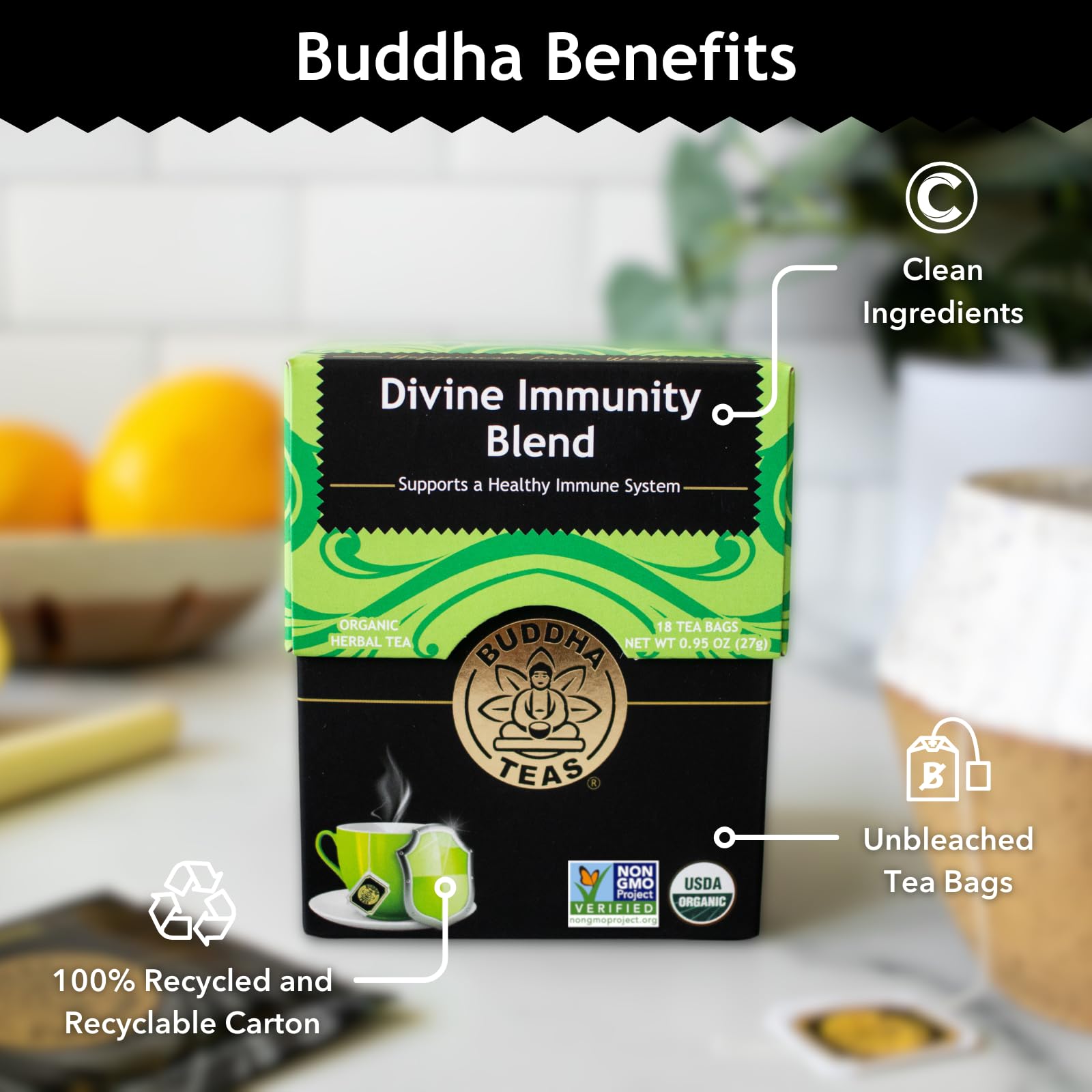 Buddha Teas - Organic Divine Immunity Blend - Herbal Tea - For Health & Wellbeing - With Antioxidants & Minerals - Clean Ingredients - Caffeine Free