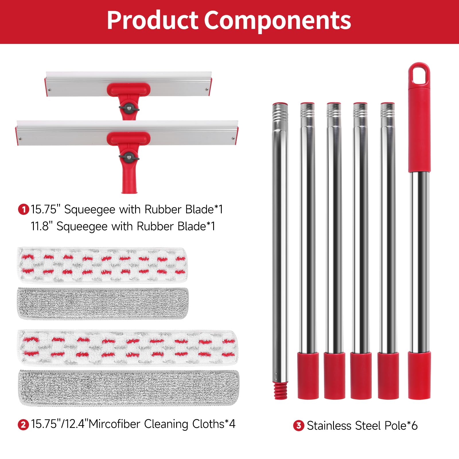 86.6" Window Squeegee for Home, Squeegee for Window Cleaning Kit with 6-Section Adjustable Long Handle, 16" & 12" Glass Scraper Squeegee for Shower