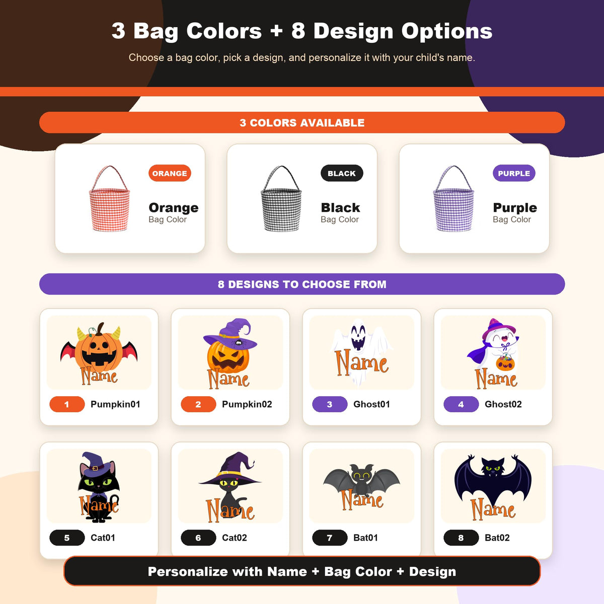Magic Lunar Personalized Halloween Trick or Treat Bag with Name, Custom Candy Basket, Costume Ghost Bat Pumpkin Bucket, Gift Goodie Bags for Kids