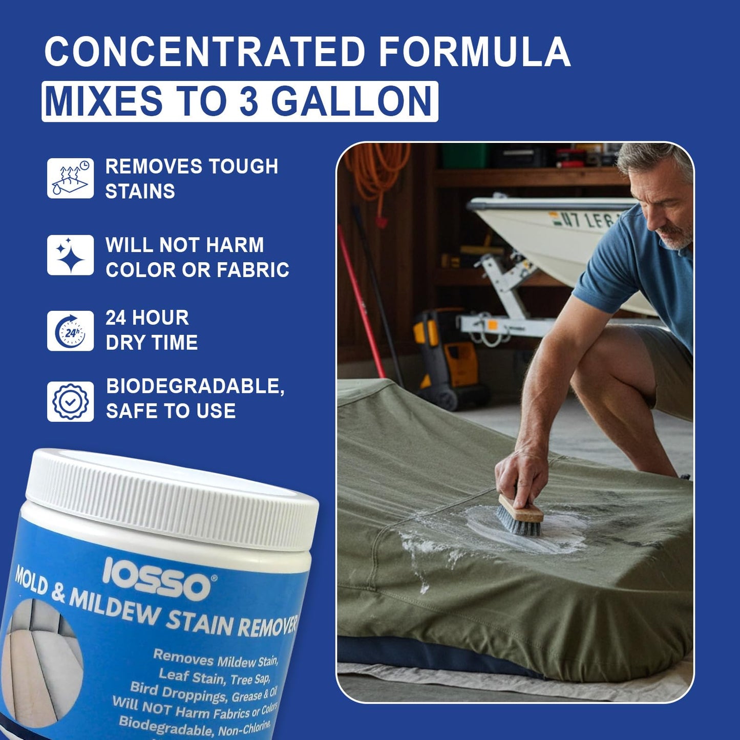 Iosso Mold & Mildew Stain Remover - Color Safe for Awnings, Tents & Boats - Concentrated Formula Makes 3 Gallons - Biodegradable, Non-Chlorine Fabric