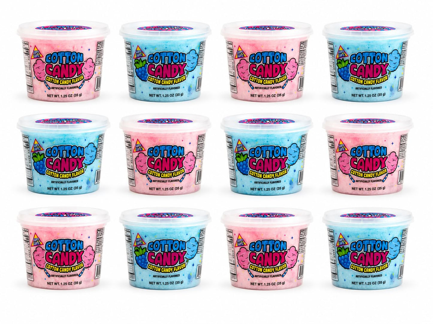 Cotton Candy Tubs | Vanilla & BlueRaspberry flavor Tub 12 pack assorted (15 Oz) - | Lupy Lups