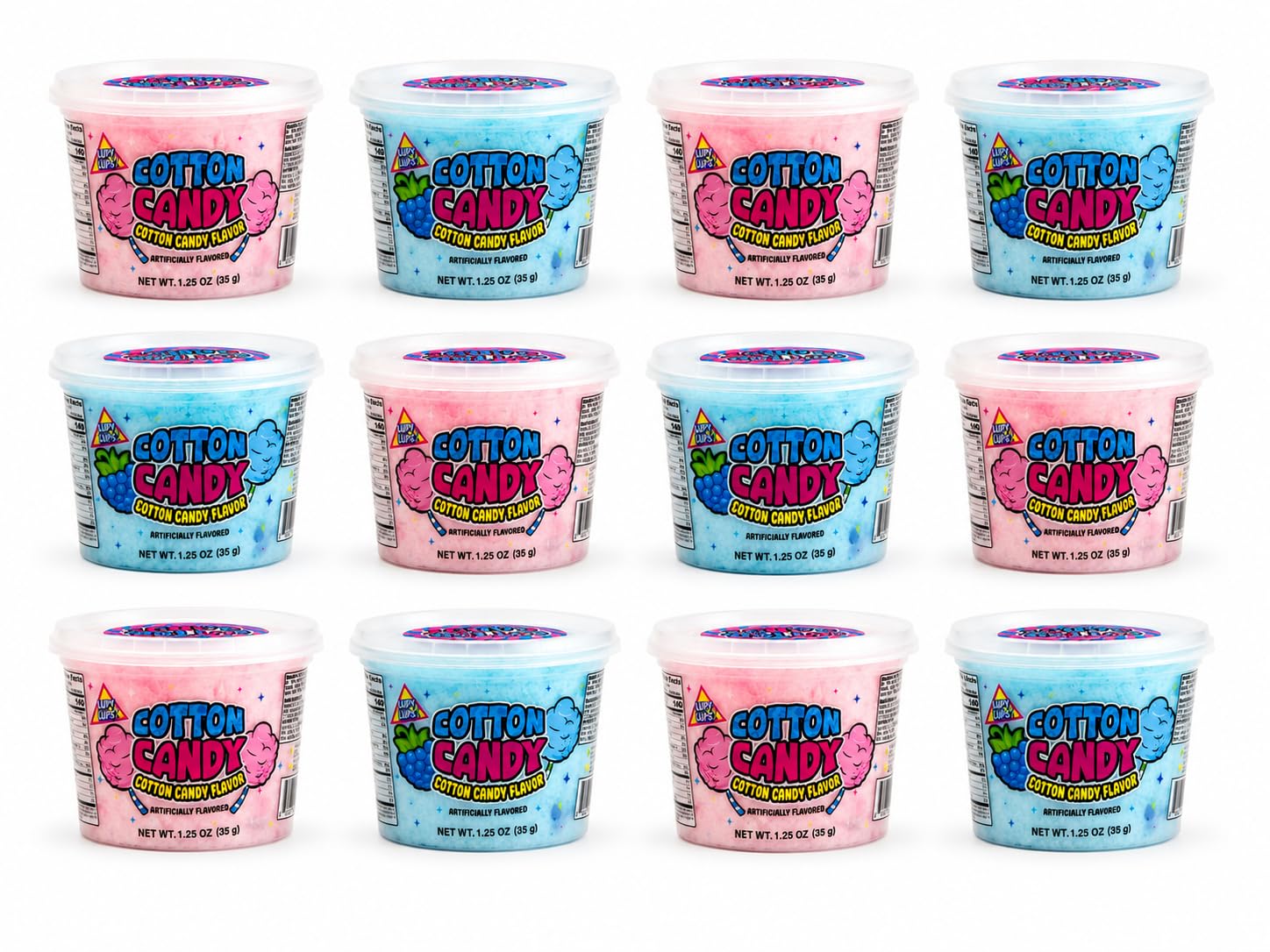 Cotton Candy Tubs | Vanilla & BlueRaspberry flavor Tub 12 pack assorted (15 Oz) - | Lupy Lups