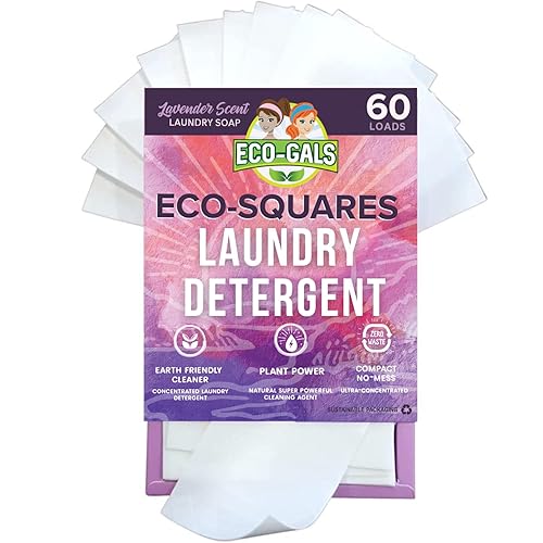 Eco-Gals Eco-Squares laundry detergent sheets with zero waste dry soap technology for cleaning linen and clothes in regular and high efficiency top