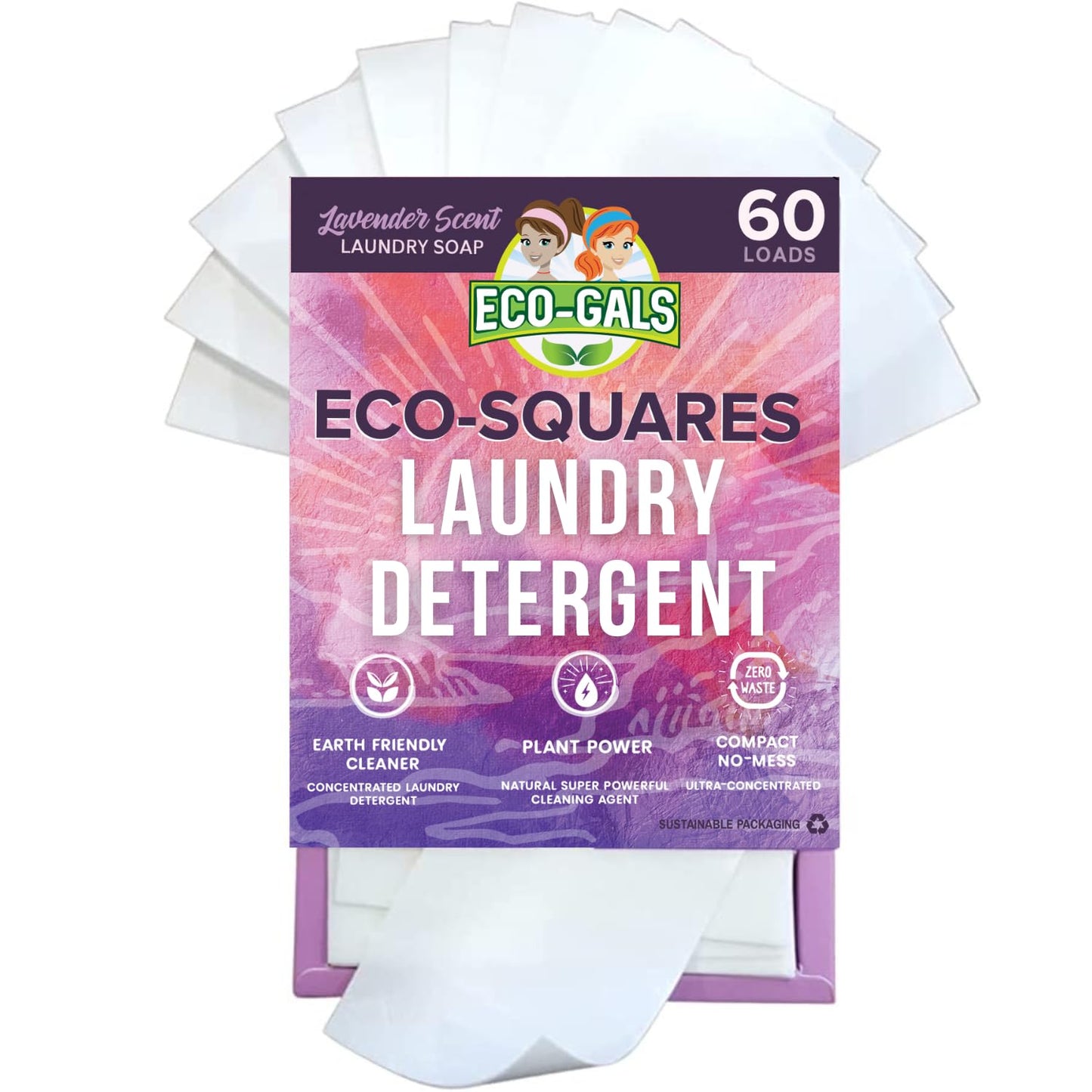 Eco-Gals Eco-Squares laundry detergent sheets with zero waste dry soap technology for cleaning linen and clothes in regular and high efficiency top
