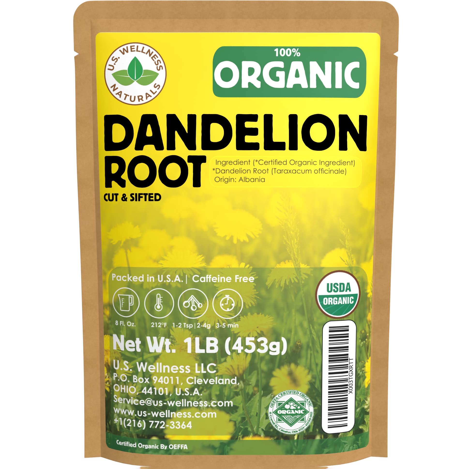 Dandelion Root Tea 1LB (16Oz) | 100% Certified Organic | Loose Dandelion Root Tea (200+ Cups) Cut and Sifted| 100% Raw Albanian Harvest | by U.S