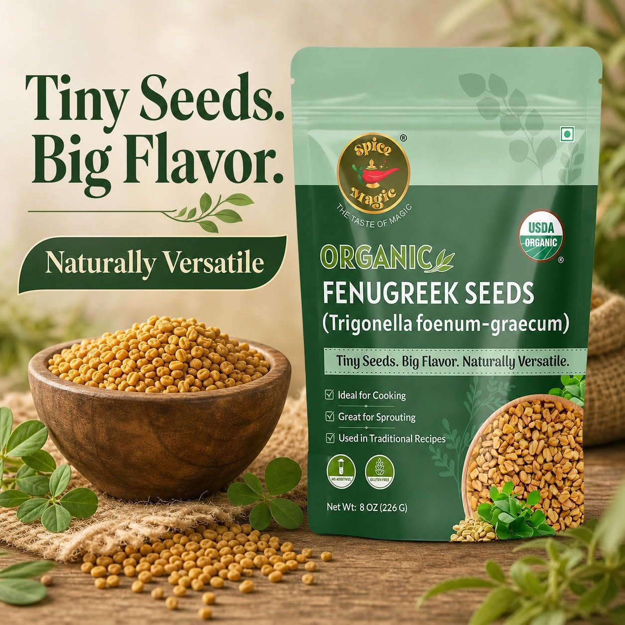 Spice Magic Organic Fenugreek Seeds 8 oz (226g) | USDA Organic Methi Seeds (Semillas de Fenogreco) | Whole Aromatic Spice | Lab Tested | Resealable