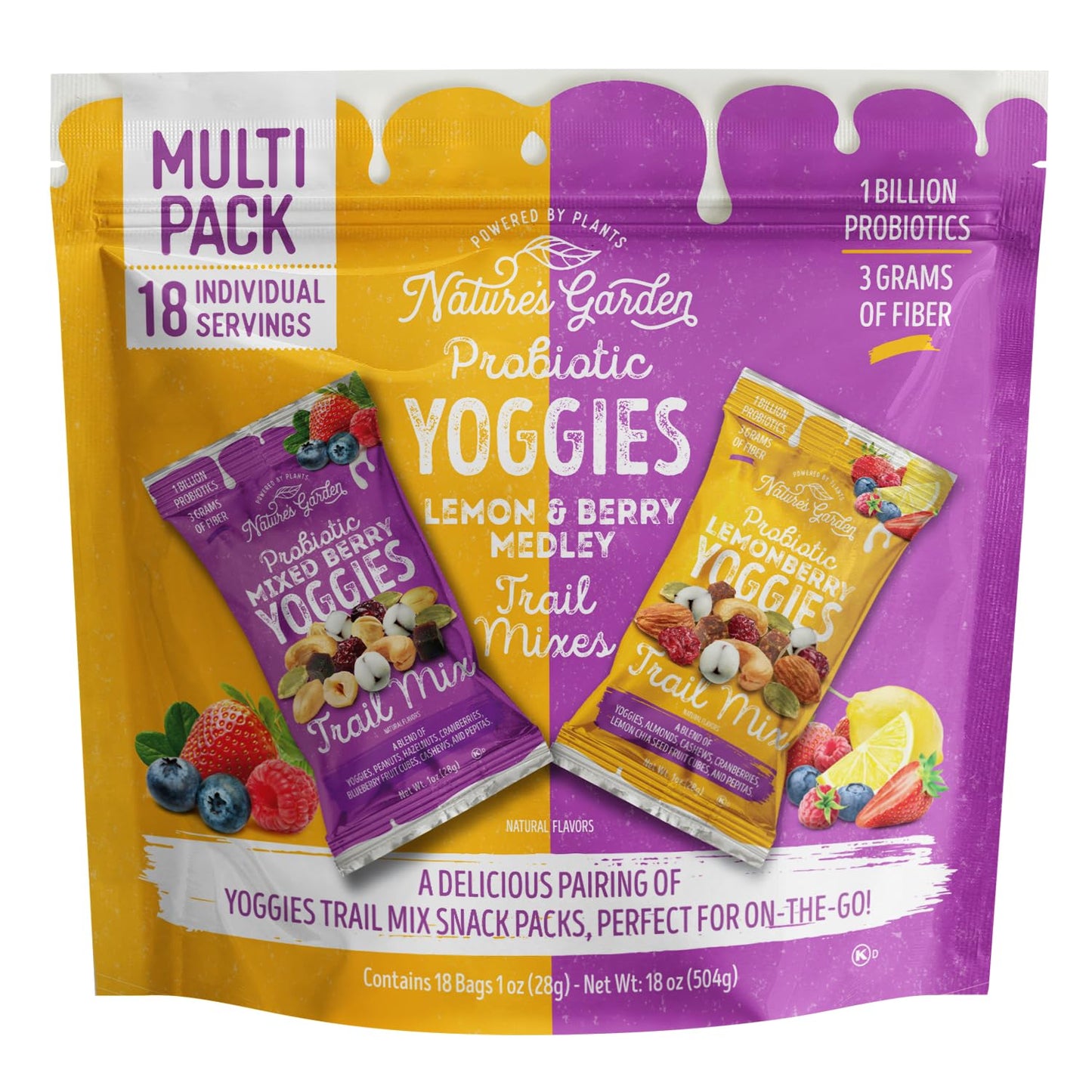 Nature's Garden Probiotic Yoggies Trail Mix Multipack, 18oz (18 individual servings), Yoggies Mixed Berry Trail Mix & Yoggies Lemonberry Trail Mix)