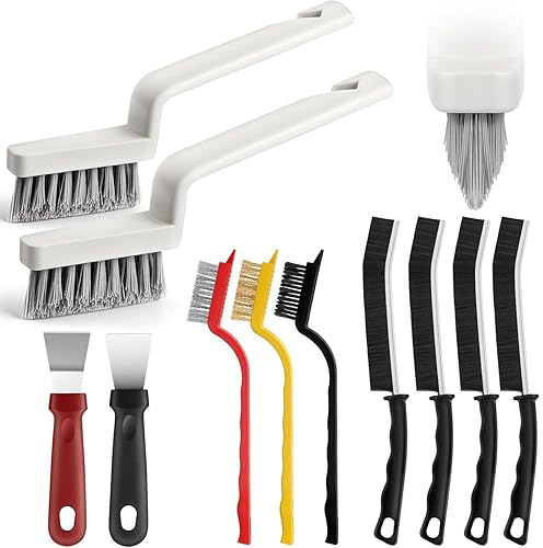 JiedHiur 11Pcs V-Shaped Grout Cleaning Brush Set, with Stiff Bristles Crevice Cleaning Brush and Steel Scraper, Deep Cleaning Supplies for Cleaning