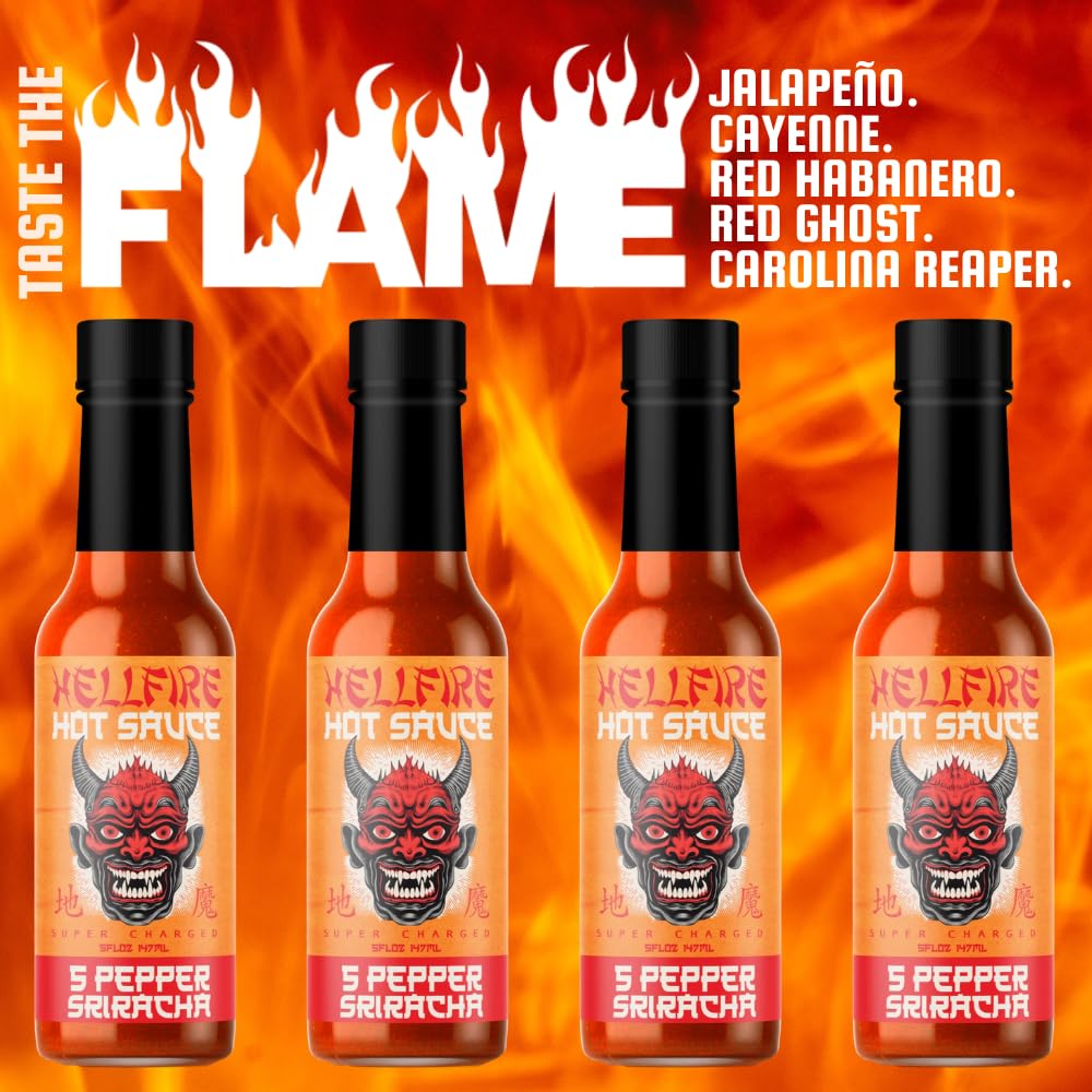 Hellfire 5-Pepper Sriracha Hot Sauce - Garlic-Forward, Smoky & Complex Flavor with Jalapeño, Cayenne, Habanero, Ghost Pepper & Carolina Reaper - 5oz