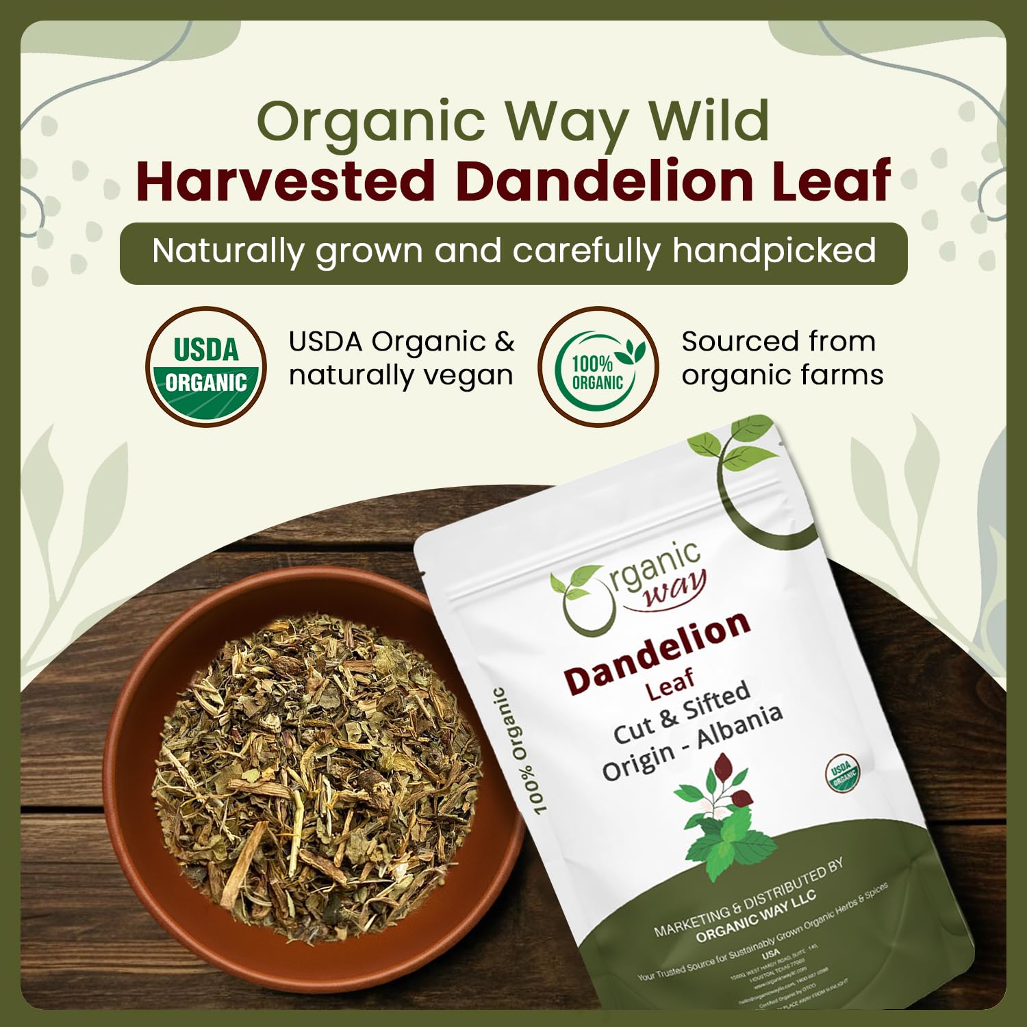 Organic Way Dandelion Leaf (Taraxacum Officinale) Cut & Sifted - Herbal Tea | European Wild-Harvest | Kosher & USDA Certified | Vegan, Non-GMO