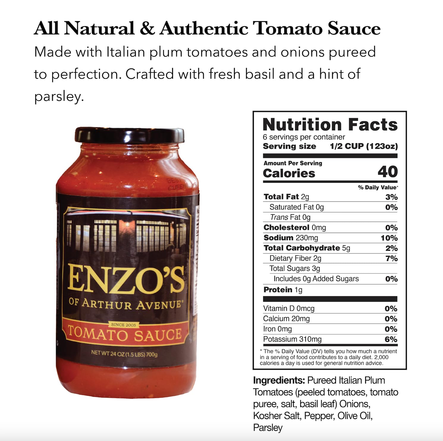 Enzo’s of Arthur Avenue Authentic Tomato Sauce, Authentic Homemade Italian Cuisine, Tomato Sauce, 1 Pack, 24 oz