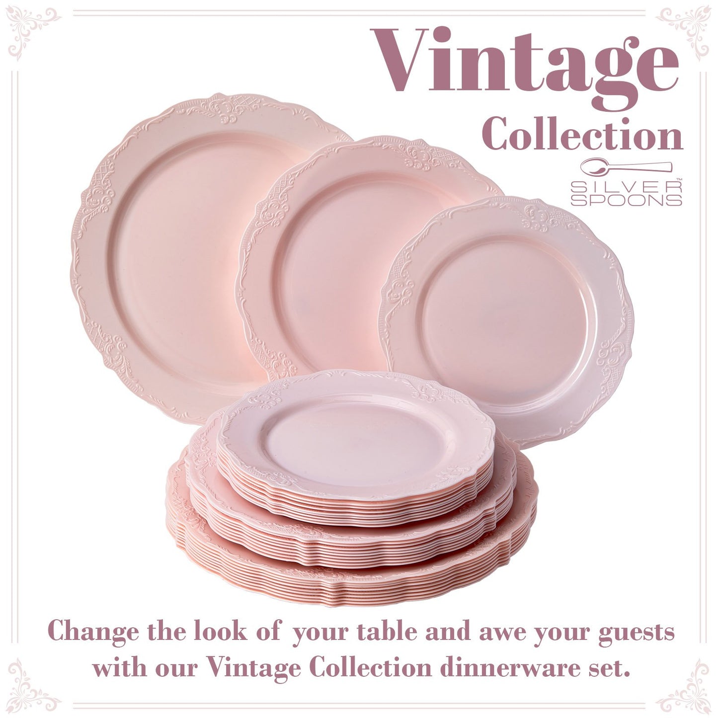 Vintage Collection Set of Blush Dinner, Salad & Dessert Plates - High Quality Embossed Rim Design Disposable Dinnerware - Great for Formal Dinners