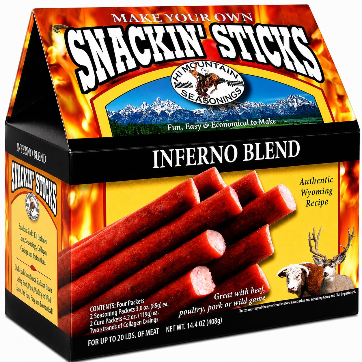 Hi Mountain Seasonings ? Snack Stick Seasoning Kit ? INFERNO BLEND ? Includes Seasoning, Cure, Casings, & Directions ? Seasons up to 20 lbs of Meat ?