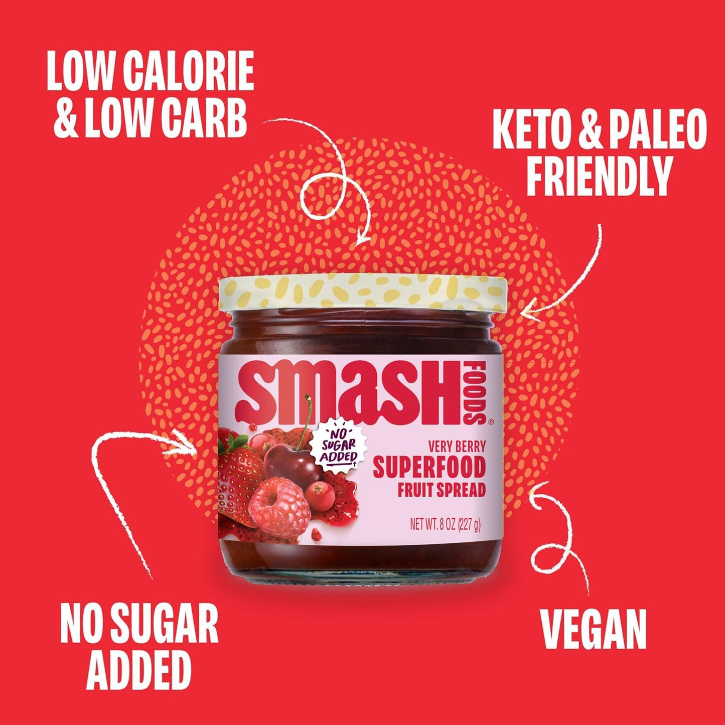 Smash Foods Very Berry Superfood Fruit Spread, No Sugar Added, Keto Jam with Chia Seeds, Vegan Paleo Spread, 8 Ounces, 2 Jars